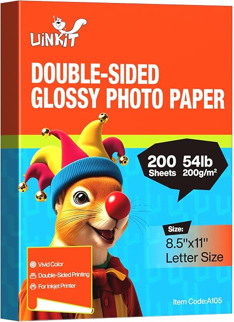 Uinkit 200 Sheets Double Sided Photo Paper Glossy 8.5x11 54lbs Inkjet for Dye Ink 200Gsm Value Bulk Pack Picture 8.5 x 11 9.5Mil for Inkjet Printing Printer