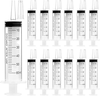 12 Pack 60ml Plastic Syringes, Individually Sealed with Measurement & Cap for Feeding Pets, Liquid, Jello Shots, Lip Gloss, Paint, Epoxy Resin, Oil, Watering Plants, Refilling (60ml, Plastic)