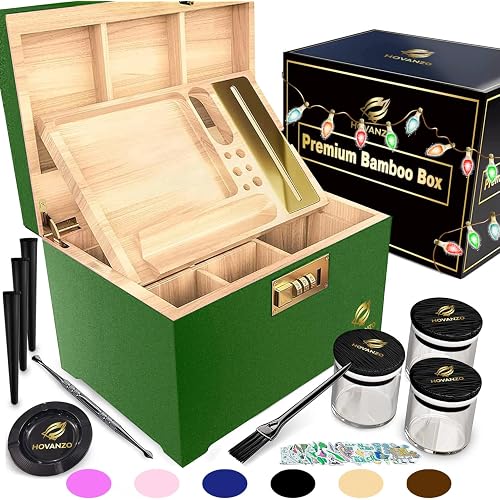 HOVANZO Premium Large Bamboo Storage Box with Organizer Tray - Storage Wood Box and Accessories - Decorative Box with Combination Lock - Large Wooden Container - Box Kit with Glass Jars