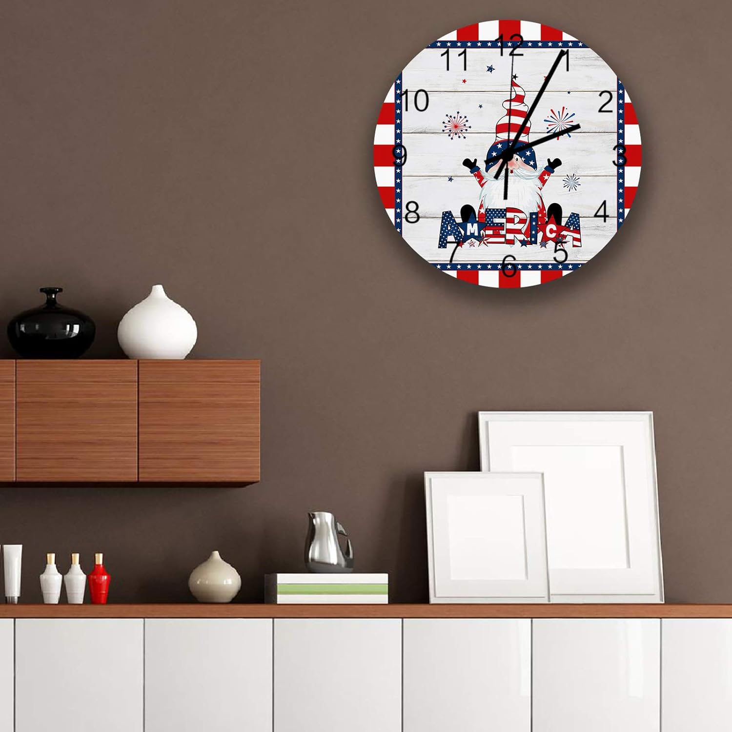 Noiseless Wall Clock, Silent Non-Ticking Hanging Wall Clocks Battery Operated, Independence Day Gnomes and Stars on Wooden Boards Red Lattice Border Wooden Clock for Bathroom Bedroom Office 12 Inch