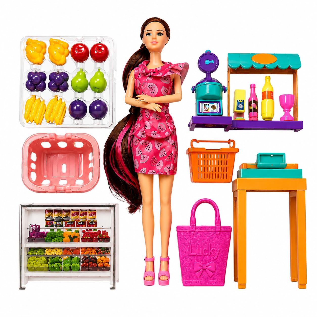Alia Super Mega Mart Doll Playset with Shopping Accessories | Fashion Doll, Grocery Store Play Set with Cart, Counter, Refrigerator & Food Items | Pretend Play Toy for Girls 3+ Years-image-9