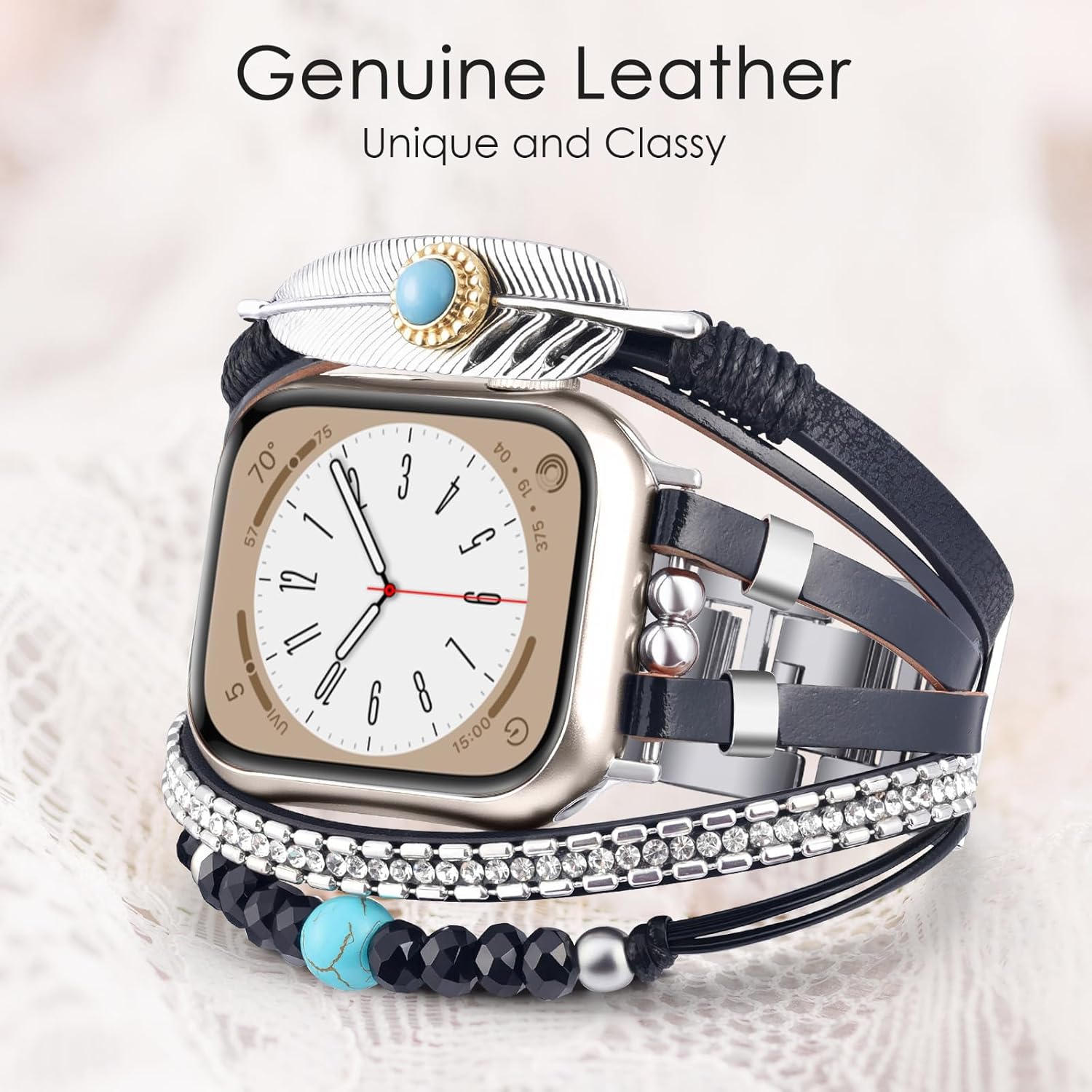 VISOOM Beaded Boho Bracelet CompatibleB For Apple Watch Bands Women 46/45/44/42mm,Posh Multilayer Fashion Handmade Leather Wrap For iPhone iWatch Apple Watch Series 10 9 8 SE 7 6 5 4 3 2 1