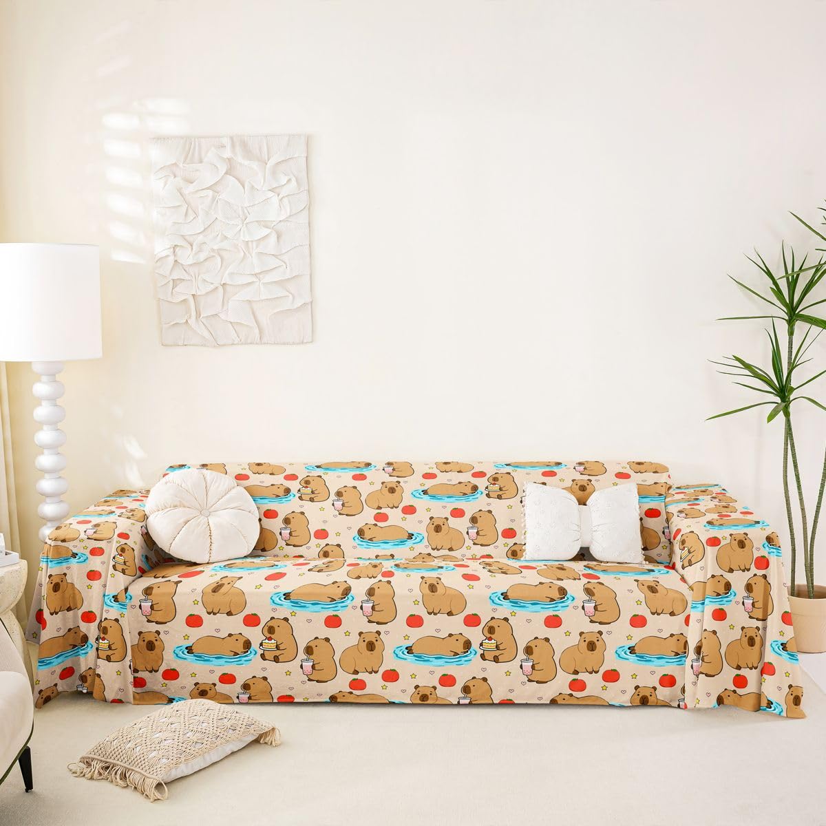 Homewish Capybara pokrowiec na kanapę kreskówka kapibara pokrowiec na sofę urocze zwierzę ochraniacz na kanapę pomidor gwiazdy miłość serca dekoracja narzuta na sofę 180 x 300 cm
