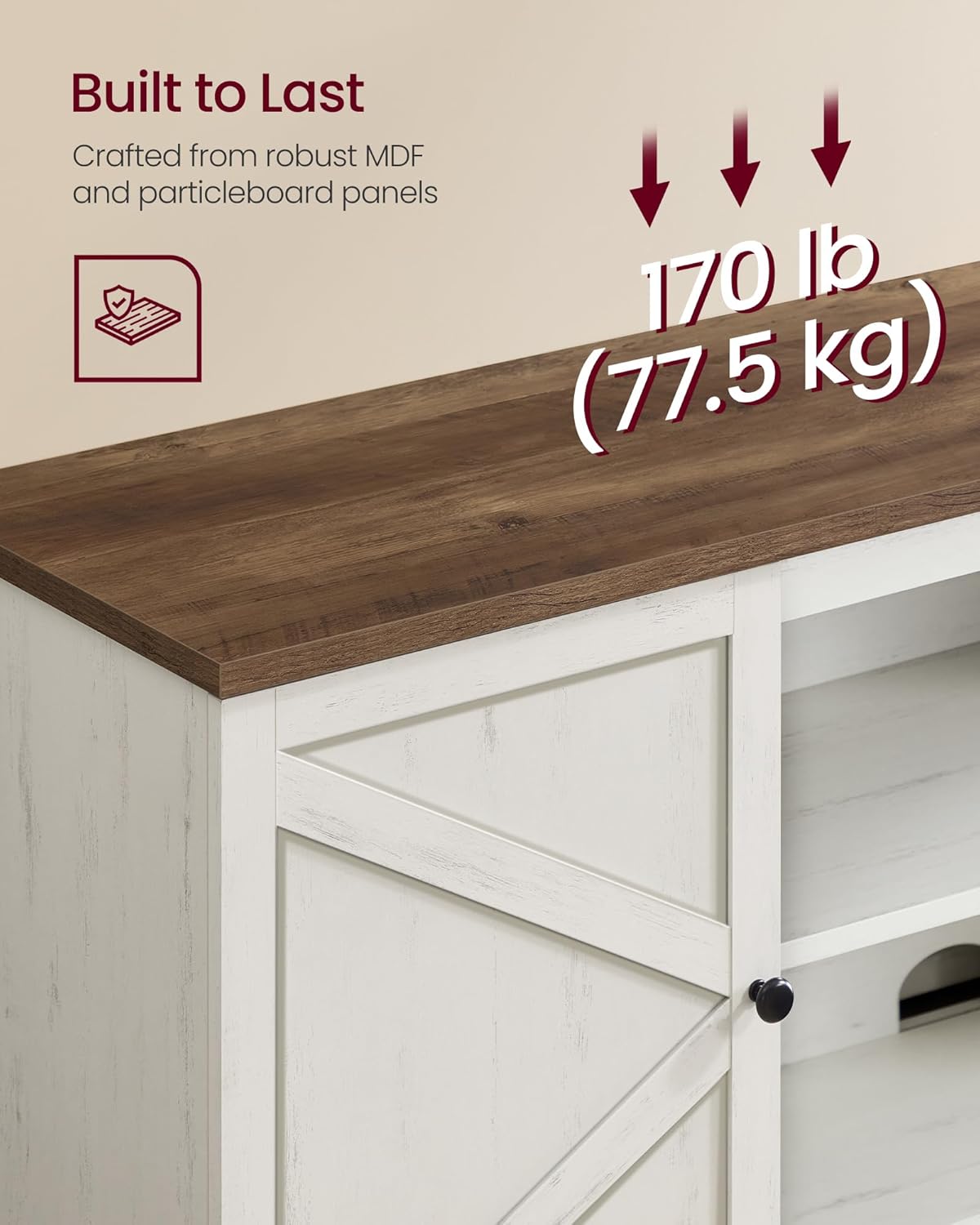 VASAGLE Farmhouse TV Stand for TVs up to 80 Inches, Entertainment Center with Storage Cabinets and Sliding Barn Doors, Media Console Table for Living Room, Rustic White and Honey Brown ULTV537W01