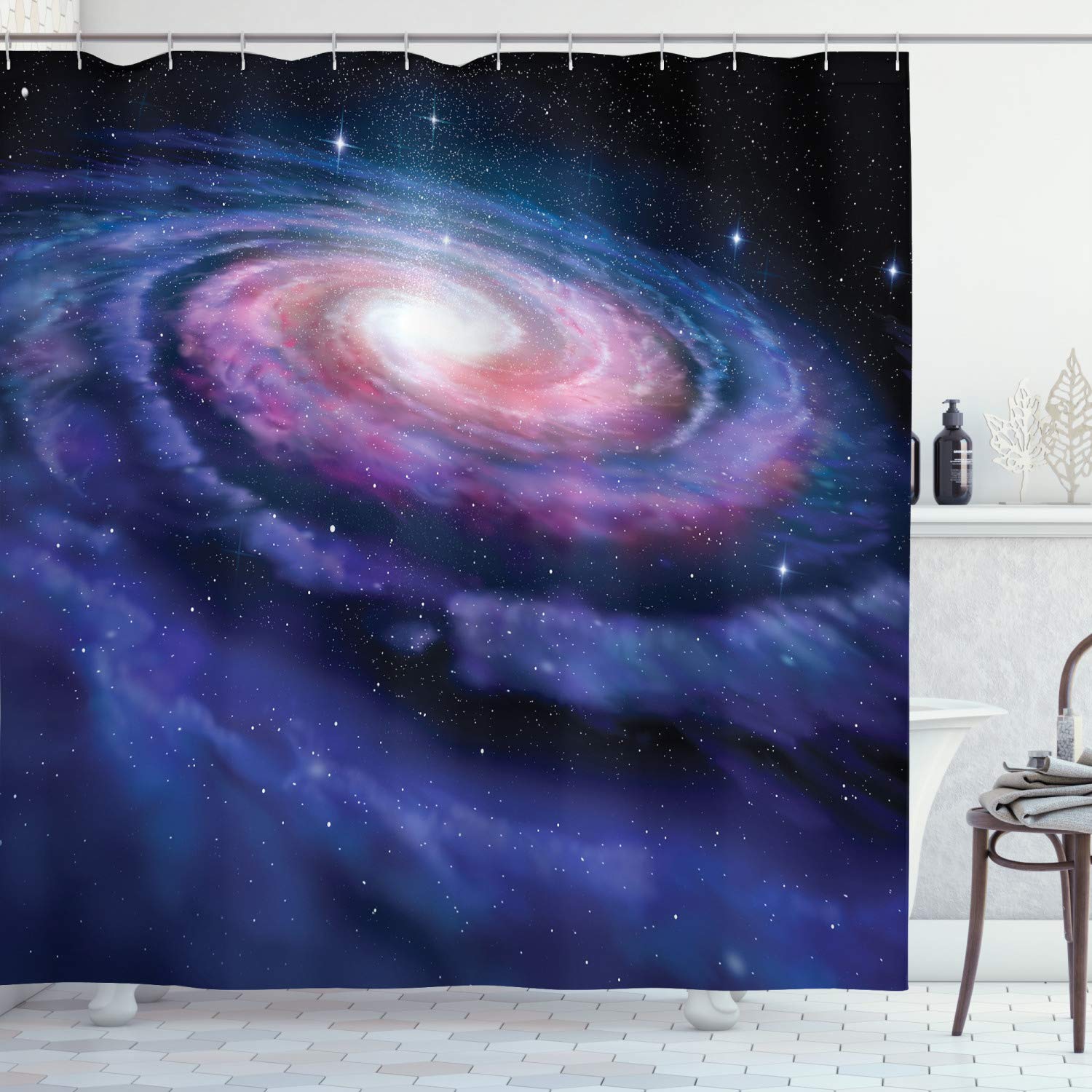 AmbesonneAmbesonne Outer Space Shower Curtain, Spiral Cosmic Energy with Dark Nebula Cloud Burst Solar System Universe Image, Cloth Fabric Bathroom Decor Set with Hooks, 69" W x 75" L, Maroon Blue