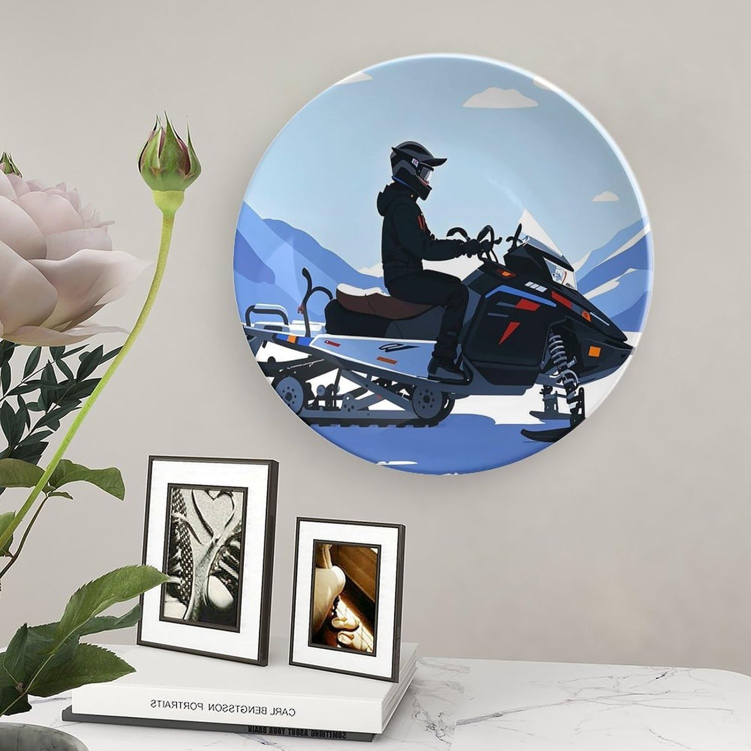 Snowmobile Decorative Ceramic Plate Round Porcelain Plate Decor Personalized Bone China Decorative Plates Ceramic Ornaments Dessert Plates with Display Stand 8inch