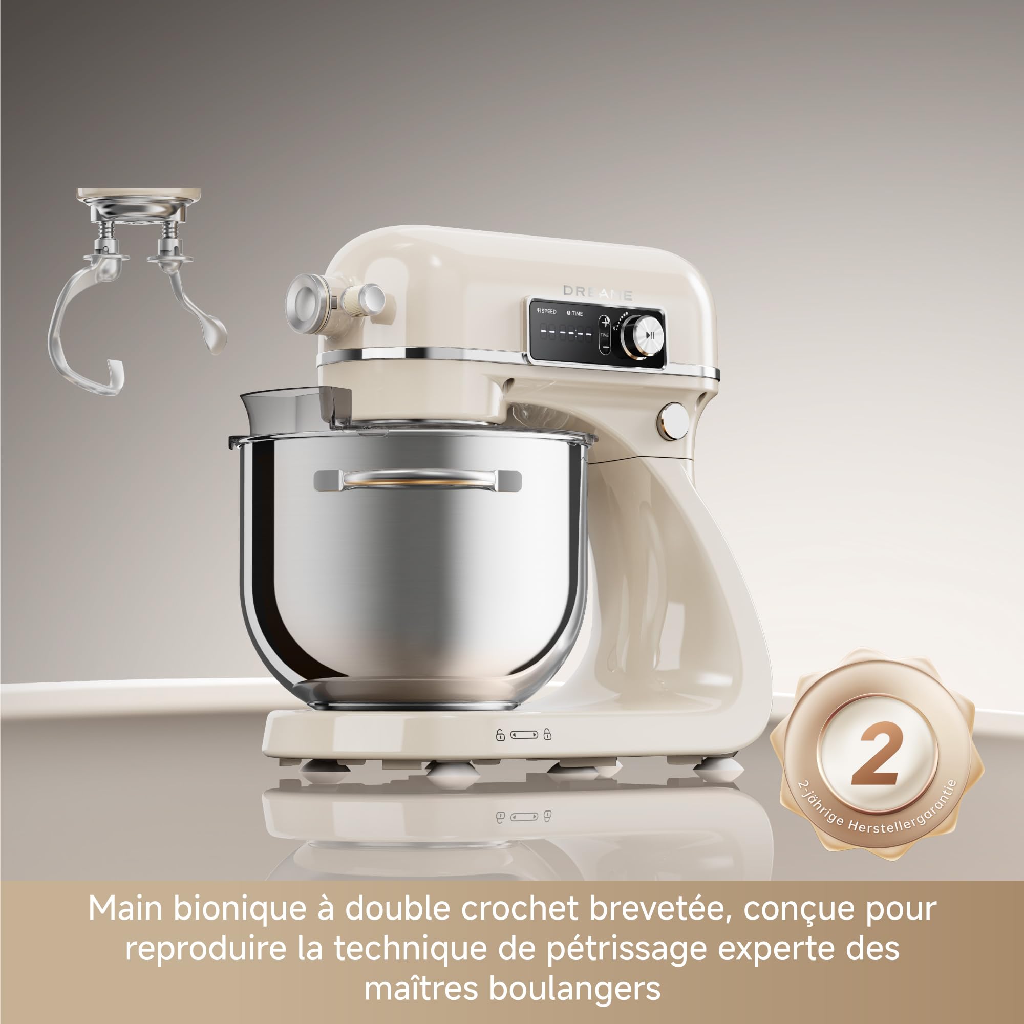 DREAME BioKnead Robot Pâtissier, 12 vitesses précises | double crochet bionique breveté, moteur DC 800 W, bol 6 L, corps tout métal, écran numérique, accessoires inclus