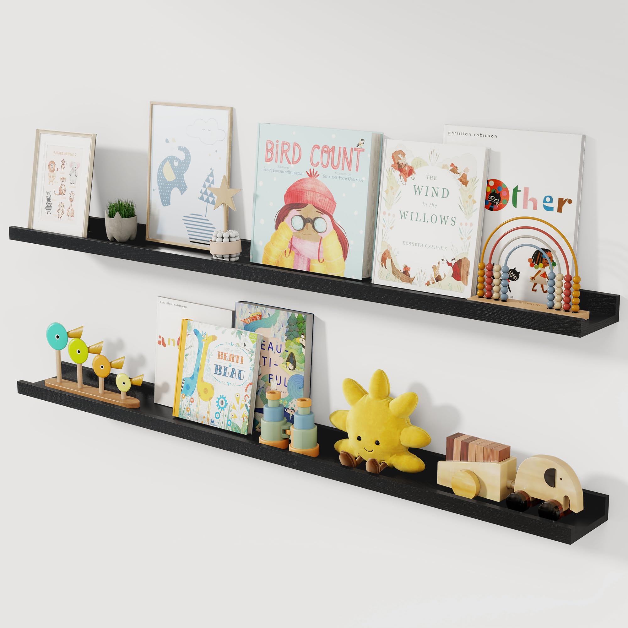 Acovy Picture Ledge Shelf, Floating Shelves Set of 2, 48 Inch Solid Ash Wood Long Large Ledge Shelves, Nursery Book Shelves Wall Mounted for Living Room Bedroom Kitchen Decor Kids Bookshelf, Black โ image 1
