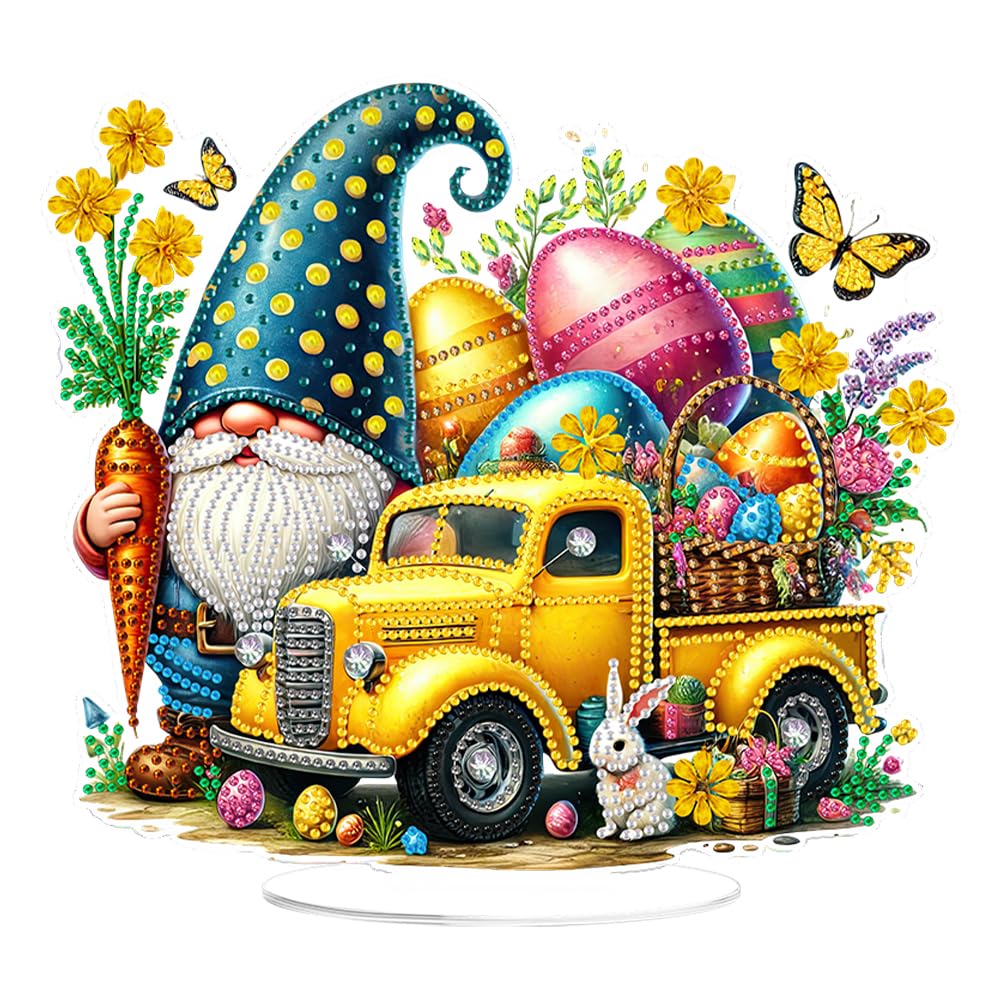 Easter Diamond Art Painting Desktop Kit with Stand, Special Shaped Diamond Art Tabletop Ornament, DIY Decor Craft Gift for Adults Beginners(Easter Truck Gnome)