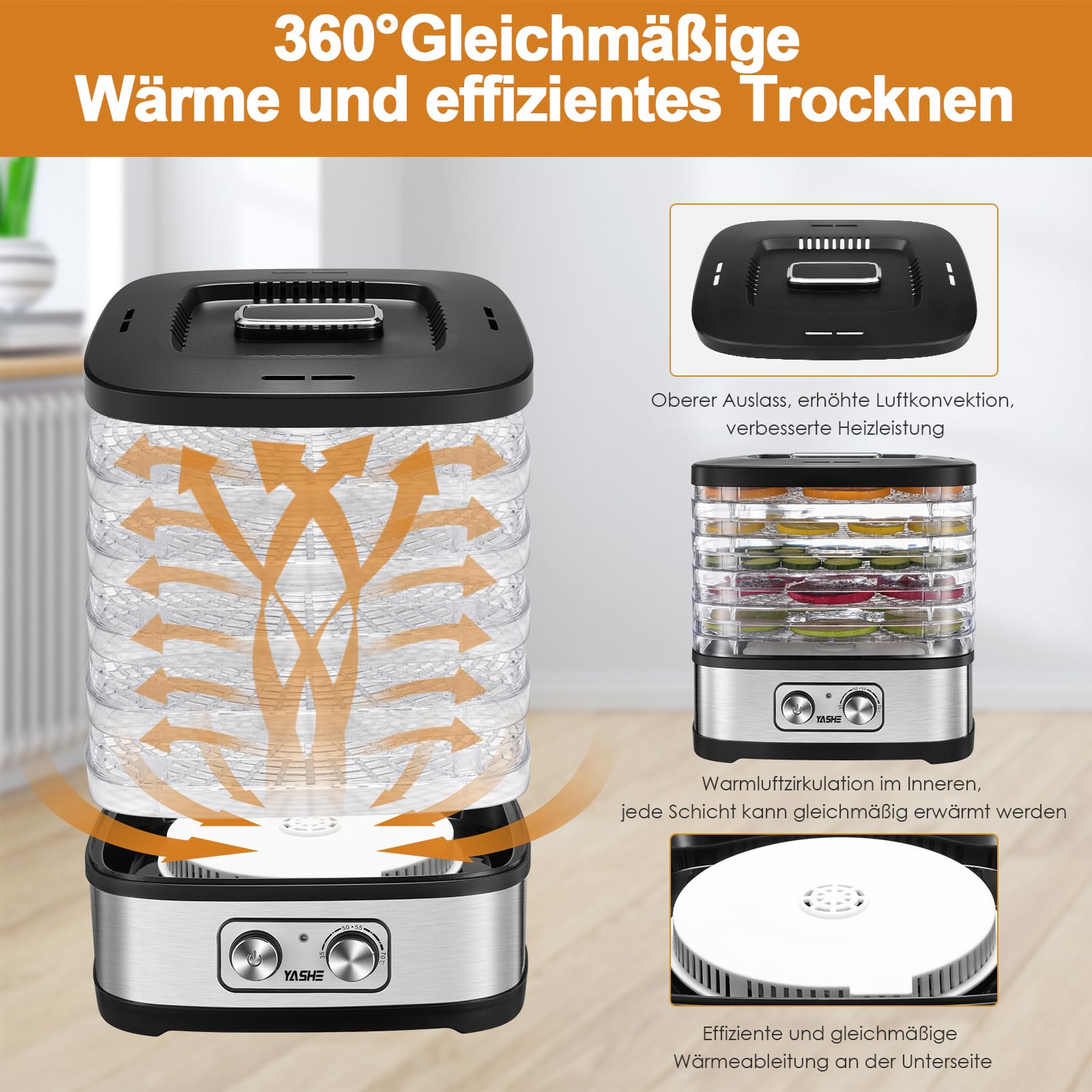 YASHE GGJ-261A Dörrautomat mit 5 höhenverstellbaren Tabletts, Temperaturregelung von 35-70°C, 240 Watt Dörrgerät für Obst und Gemüse, BPA-frei, Silber, Klar, Schwarz
