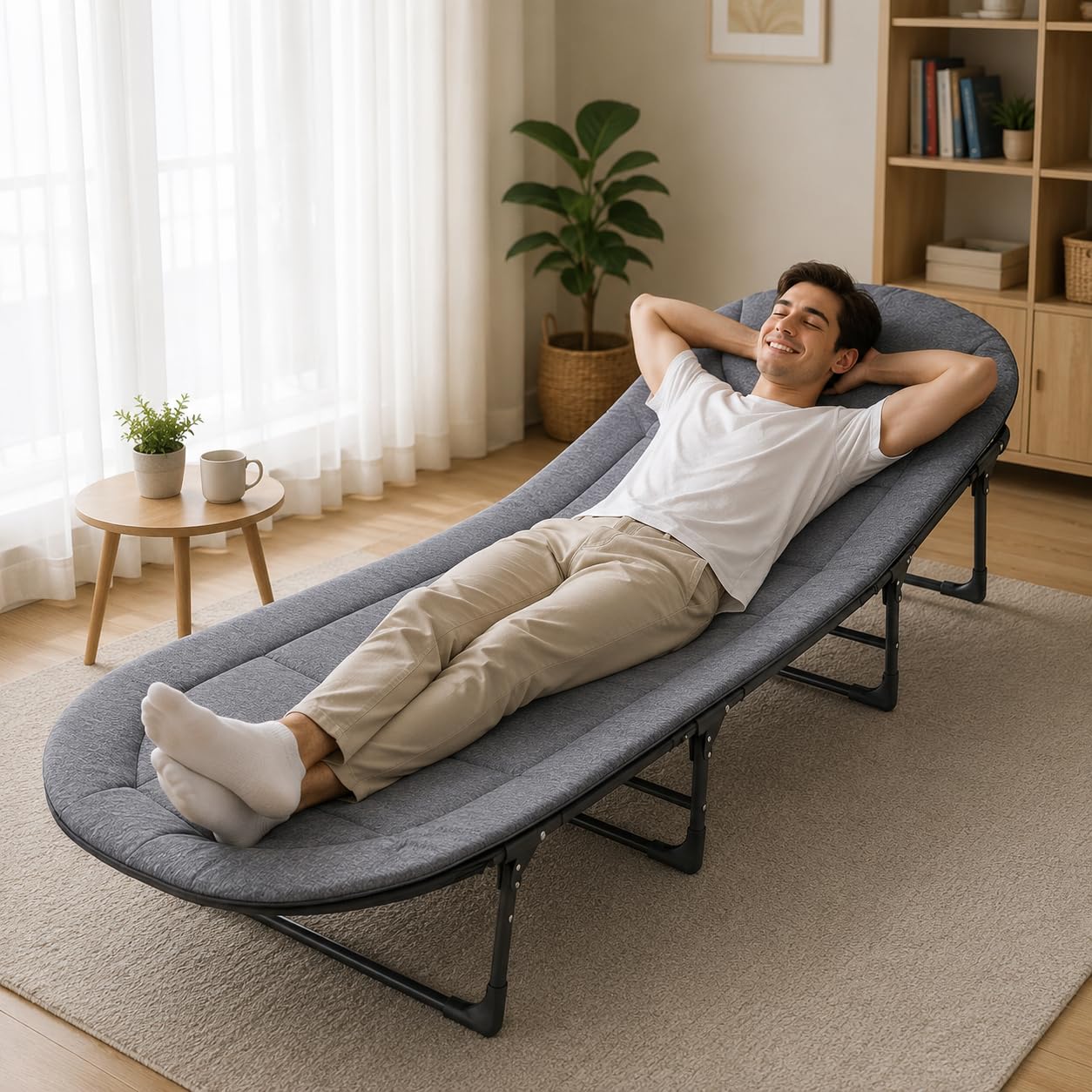 Yorten Folding Lounge Bed with 5-Level Adjustable Backrest, Padded Cushion, Side Storage Pocket & Metal Frame | Portable Recliner Sleeping Cot for Home, Balcony, Terrace & Camping
