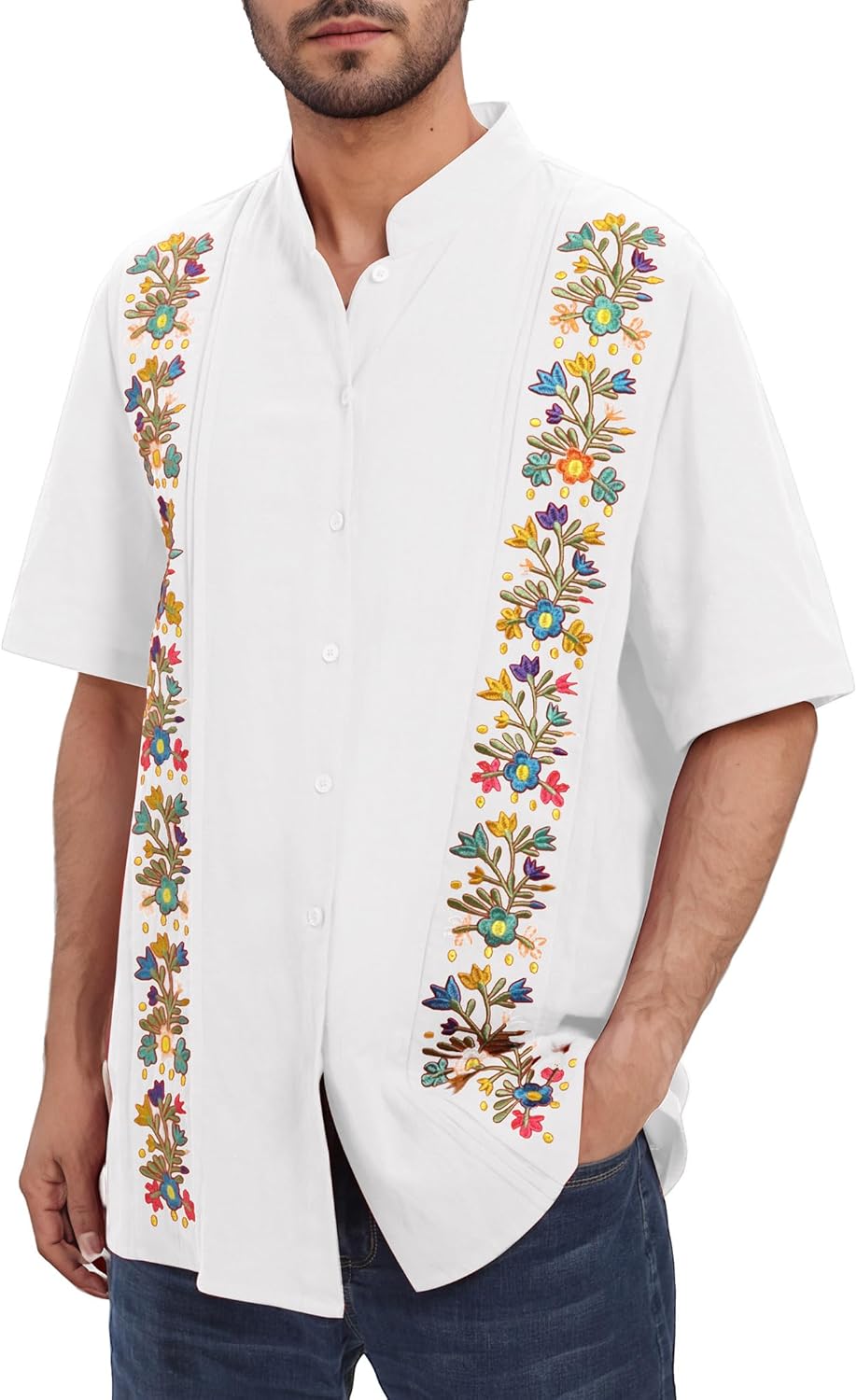 IKADEX Mexican Shirts for Men Traditional Men's Guayabera Dress Shirts Embroidered Button Down Cotton Tops Fiesta with Pocket A-White