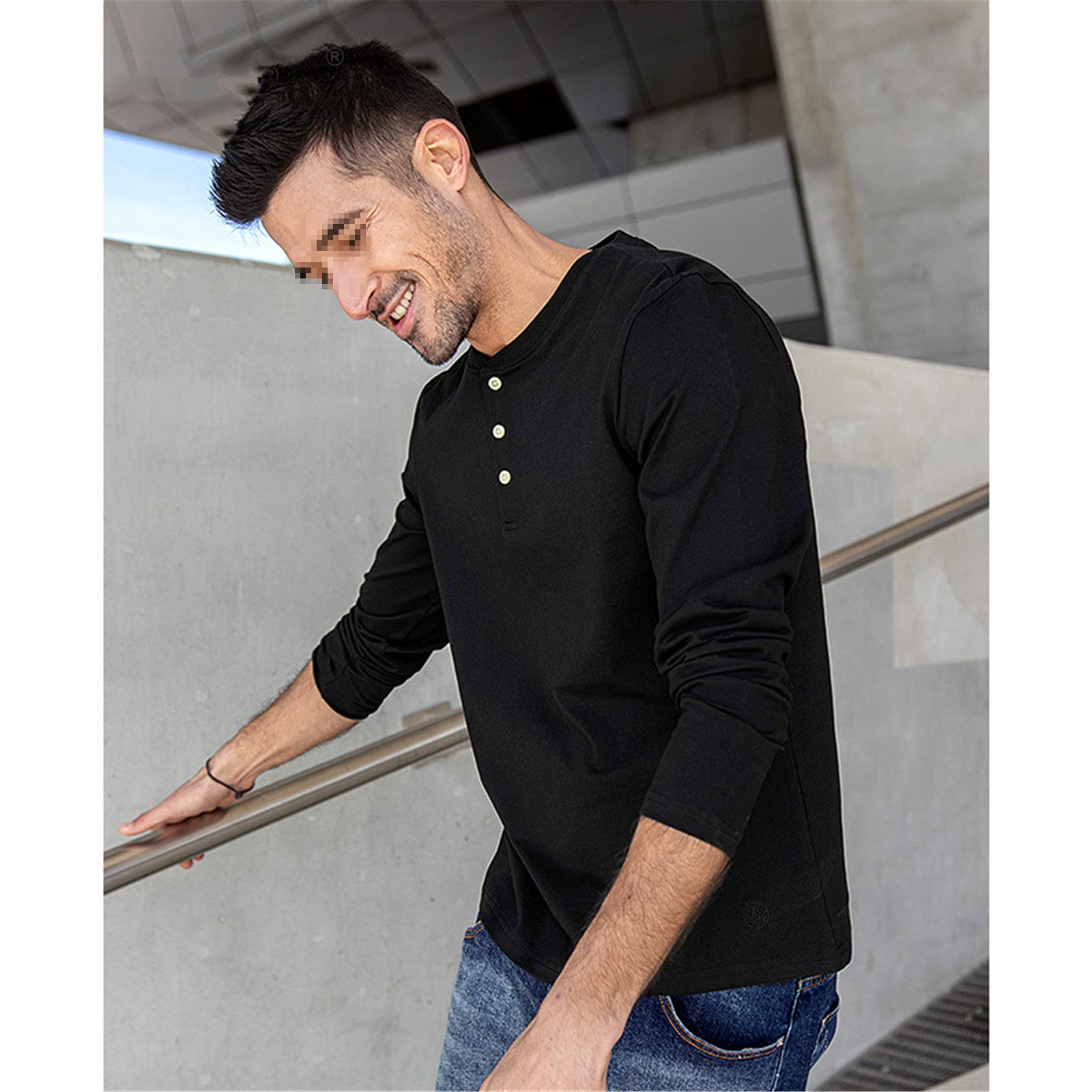 Cotton Clothing Solid Herren T-Shirt Langarm Basic Tee Frühling Henley T Shirt Top Plus Size, seeblau, XL