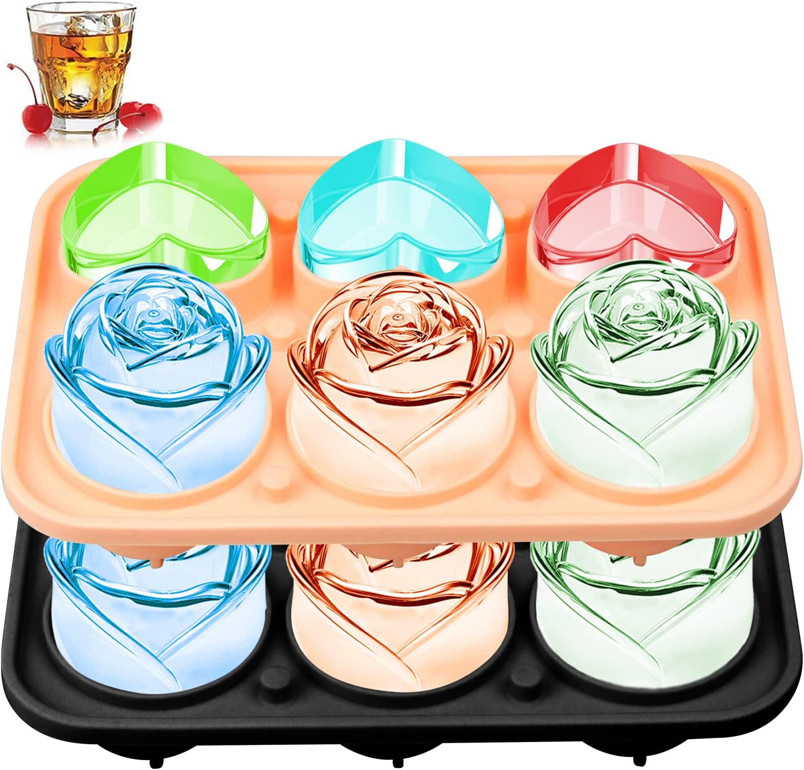 Pack 2, KooMall Large Ice Cube Tray, Rose Heart Silicone Multi-Purpose Molds for DIY Soap Wax Chocolate Candy Jelly Cake Baking, 3D Cute Pretty Flower Shape Ice Trays, 1 Pink & 1 Black