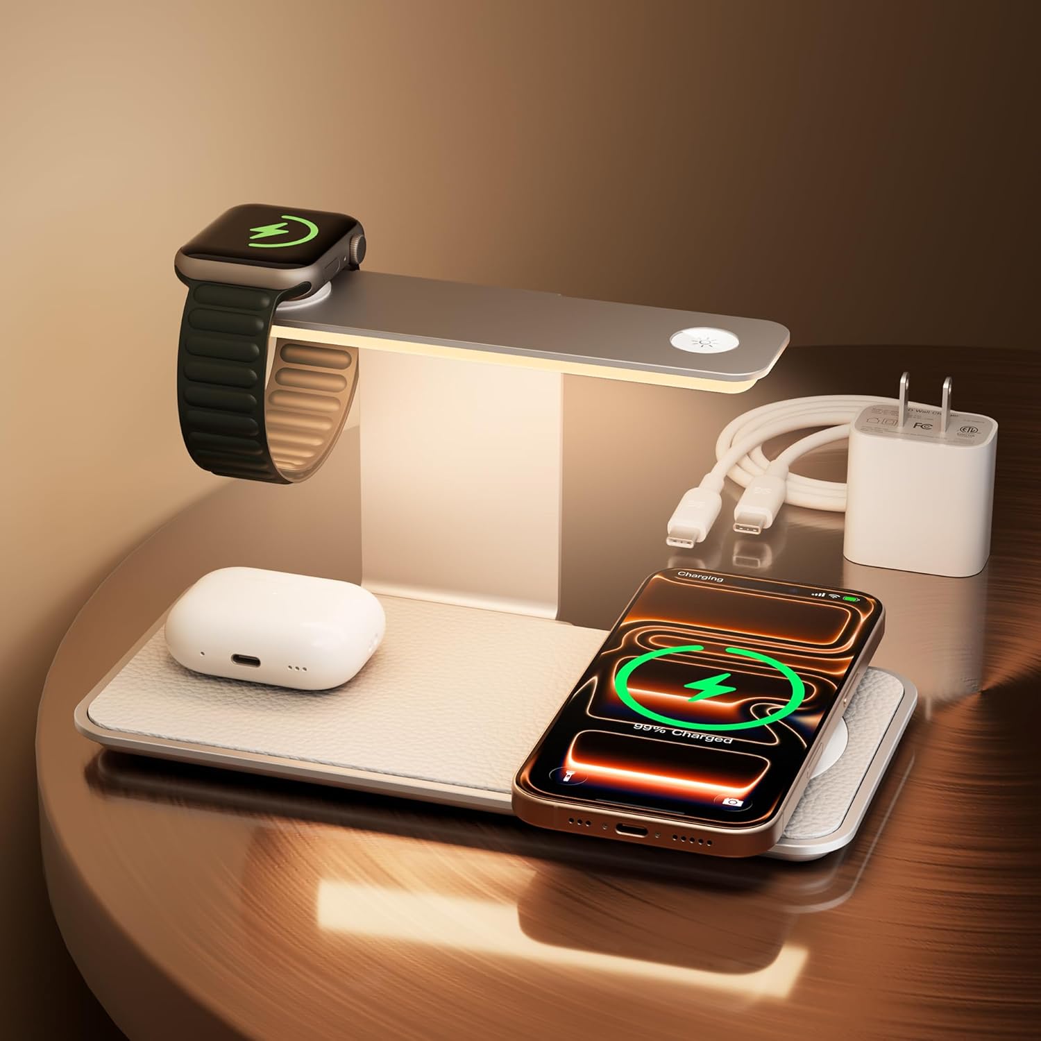 GUSGU 3 in 1 Charging Station for MagSafe Wireless Charger with Three-Level Night Light, 15W Max Fast Charging for iPhone 16/15/14/13/12, iWatch S1-8/Ultra, AirPods(USB-C Charger Included)-Gray