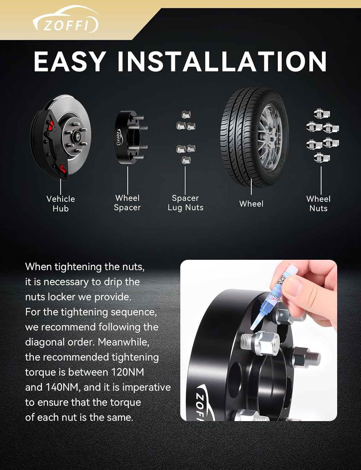 ZOFFI 6x135 Wheel Spacer for Ford F150 2015-2025, Thickness 2inch with 87.1mm Hubcentric M14x1.5 Studs 6 Lug Wheel Adapters for F150 Expedition,Navigator 4PCS Color Black - Image 5