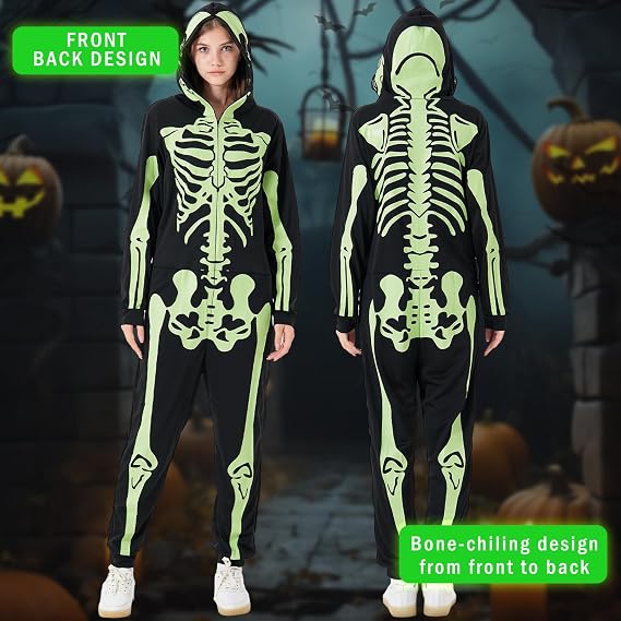 Wish Care Adult Women Glow in the Dark Skeleton Costume, Zip Up Hooded Mens Skeleton Onesie Jumpsuit for Halloween Costume