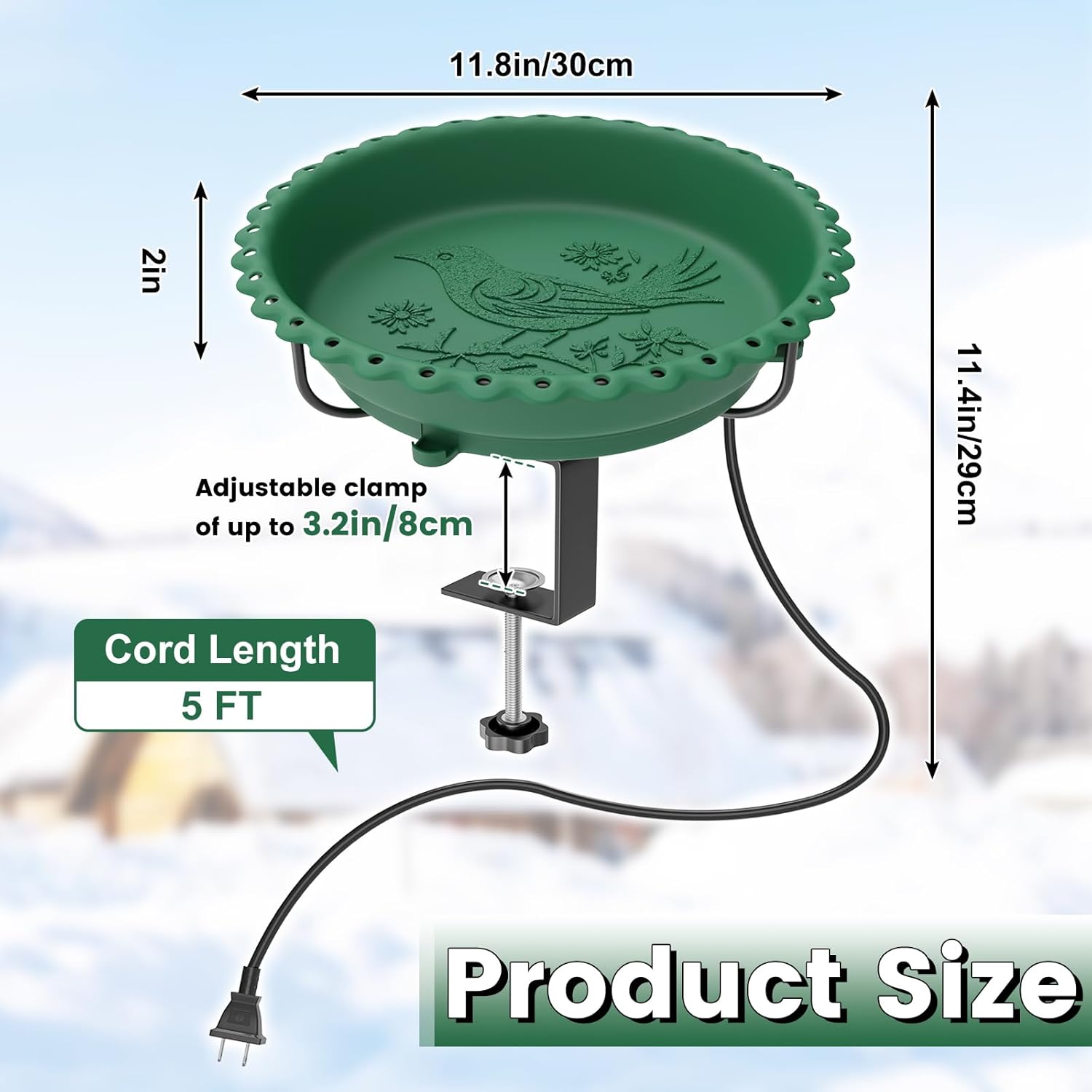 Deck Heated Bird Bath and Upgraded 100W Thermostatically Controlled Heated Bird Baths with 5-Prong Metal Base for Outside Winter Garden Yard Patio Lawn (Green)