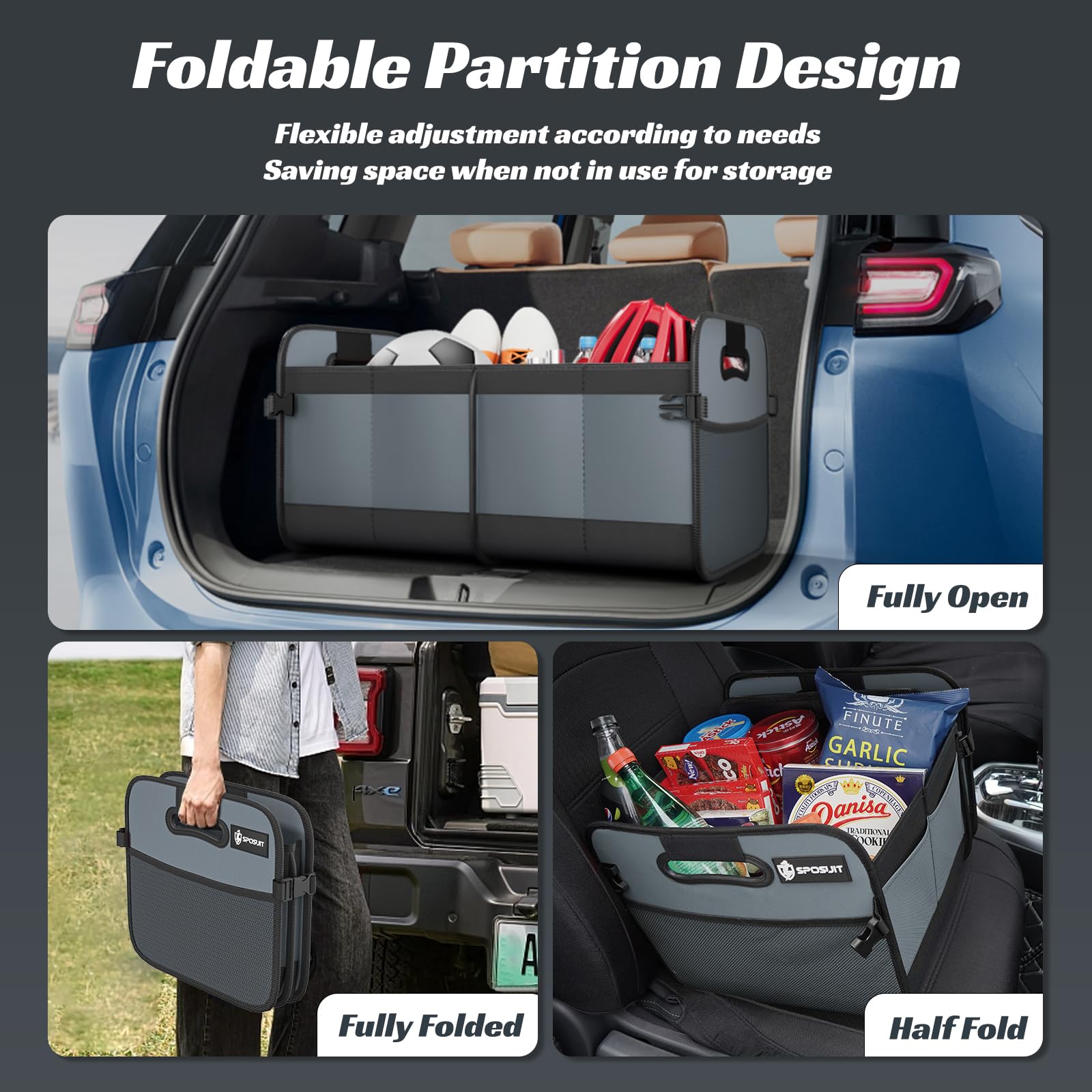 Sposuit Organizador de maletero para coche, plegable, 70 L, con 11 bolsillos y asas reforzadas, organizadores de maletero para SUV para carga de comestibles (gris)