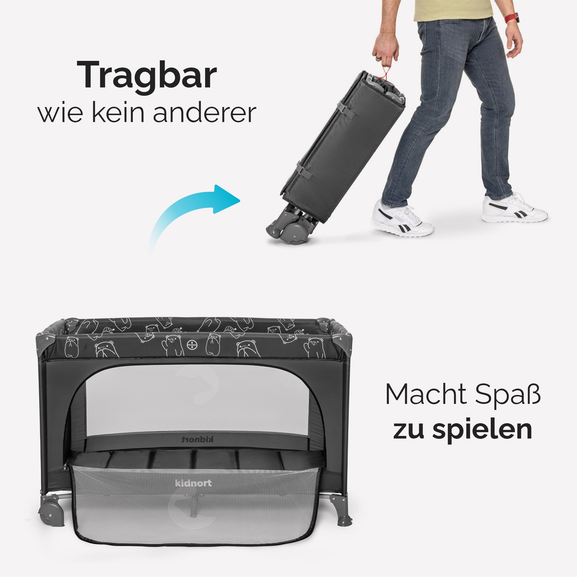 Grotta Reisebett Baby mit Matratze klappbares Babybett Kinderreisebett mit Seiteneinstieg Netzseiten 2 Rollen mit Bremse Tragetasche für Reise und Zuhause Dunkelgrau