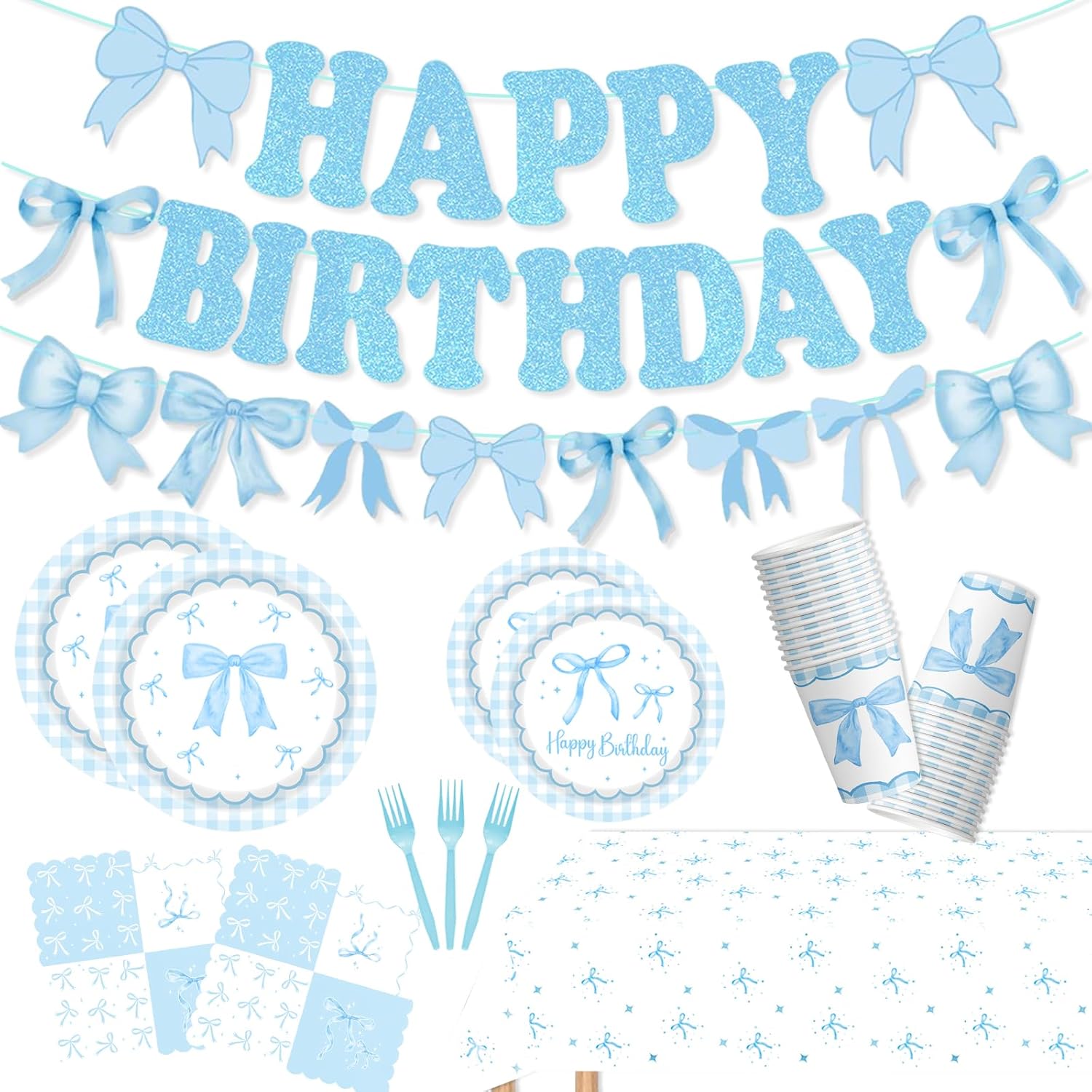 Blue Bow Party Decorations 104Pcs Girl Coquette Birthday Party Supplies Disposable Plates,Napkins,Tablecloth,Cups and Birthday Banner Balloons for Bow Party Decorations,Serve 20