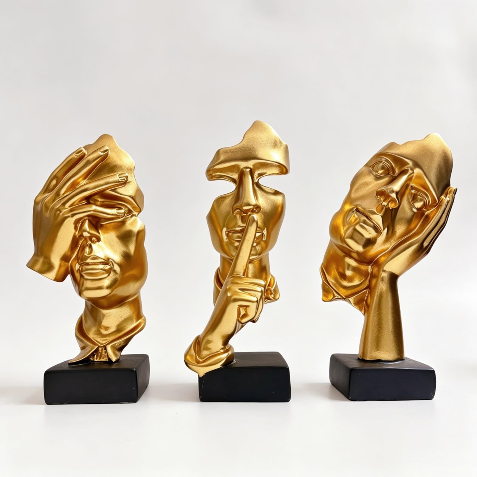 3 Pcs Thinker Statue,Silence is Gold Abstract Art Figurine,Modern Home Resin Sculptures Decorative Objects Decor for Home Office Bookshelf Desktop (Gold)