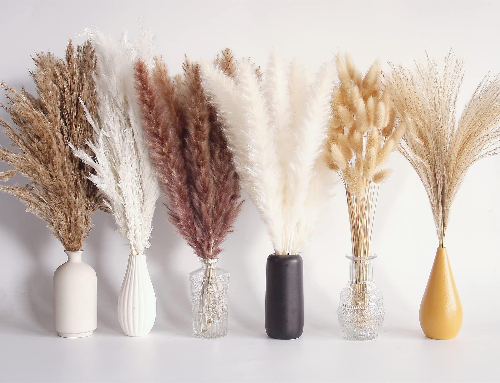Bannifll 110 PCS Dried Pampas Grass Bouquet, Boho Table Decor, Bunny Tails Dried Flowers, Brown Pompas, White Pampas Grass for Wedding, Home, Rustic Party, Baby Shower Decorations