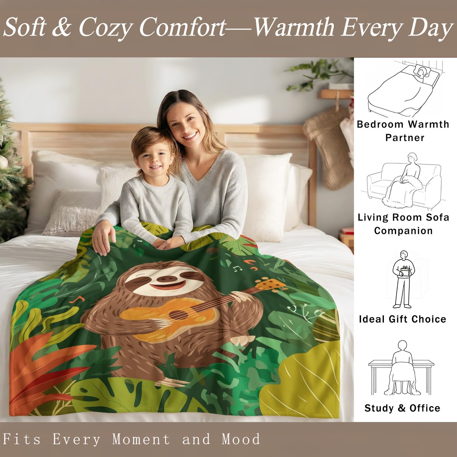 Generisch Kuscheldecke Fleecedecke Decke Cartoon Musik Faultier Grün Gitarre Braun Tier Natürlich 180cm x 200cm Wohndecken Flauschig Überwurf Mikrofaser Tagesdecke Sofadecke für Schlafzimmer