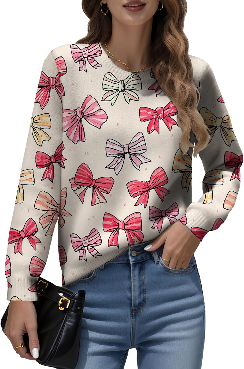 LIZALIG Womens Long Sleeve Print Pullover Sweater Round Neck Relaxed Fit Soft Comfortable Chic Fall Fashion Trendy