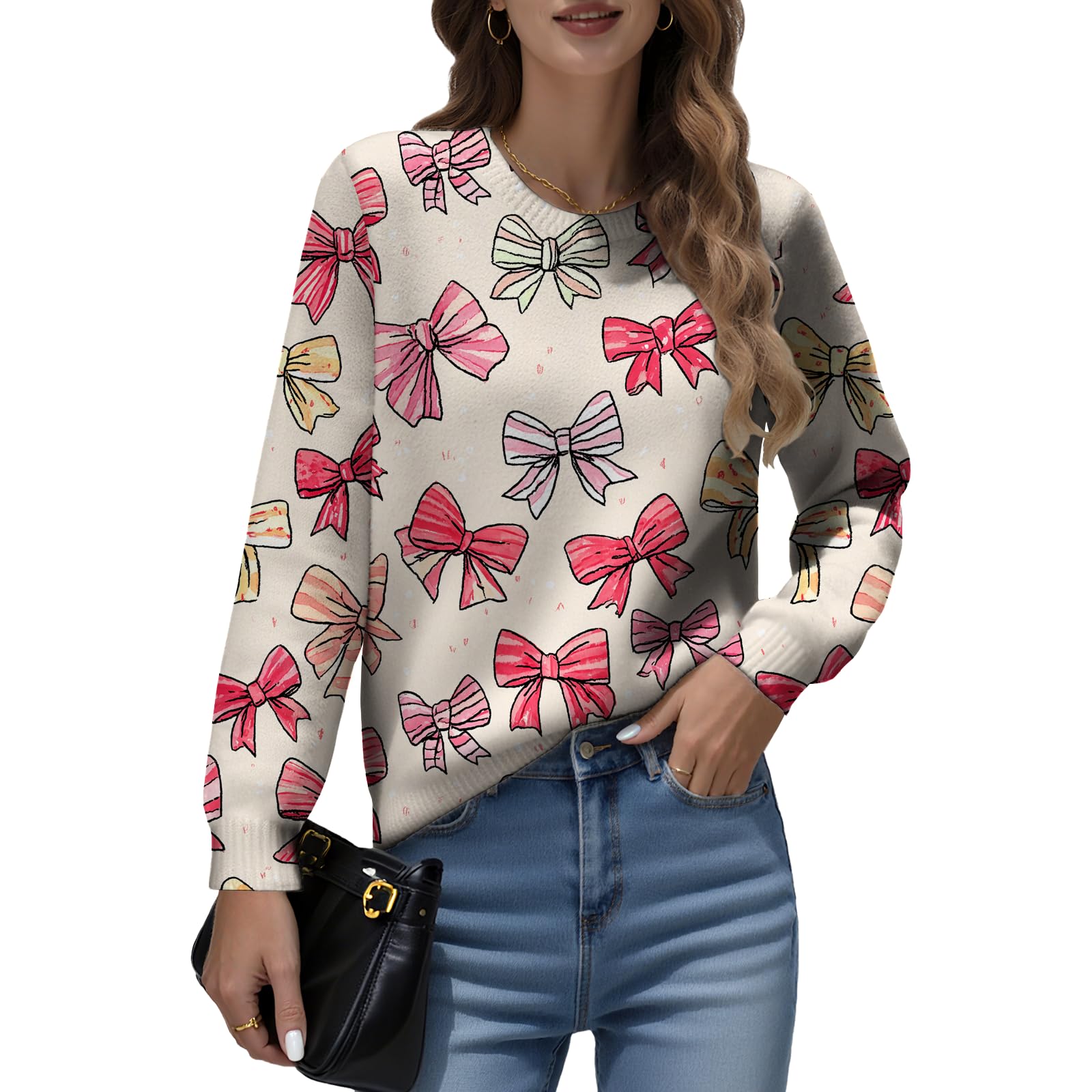 LIZALIG Womens Long Sleeve Print Pullover Sweater Round Neck Relaxed Fit Soft Comfortable Chic Fall Fashion Trendy