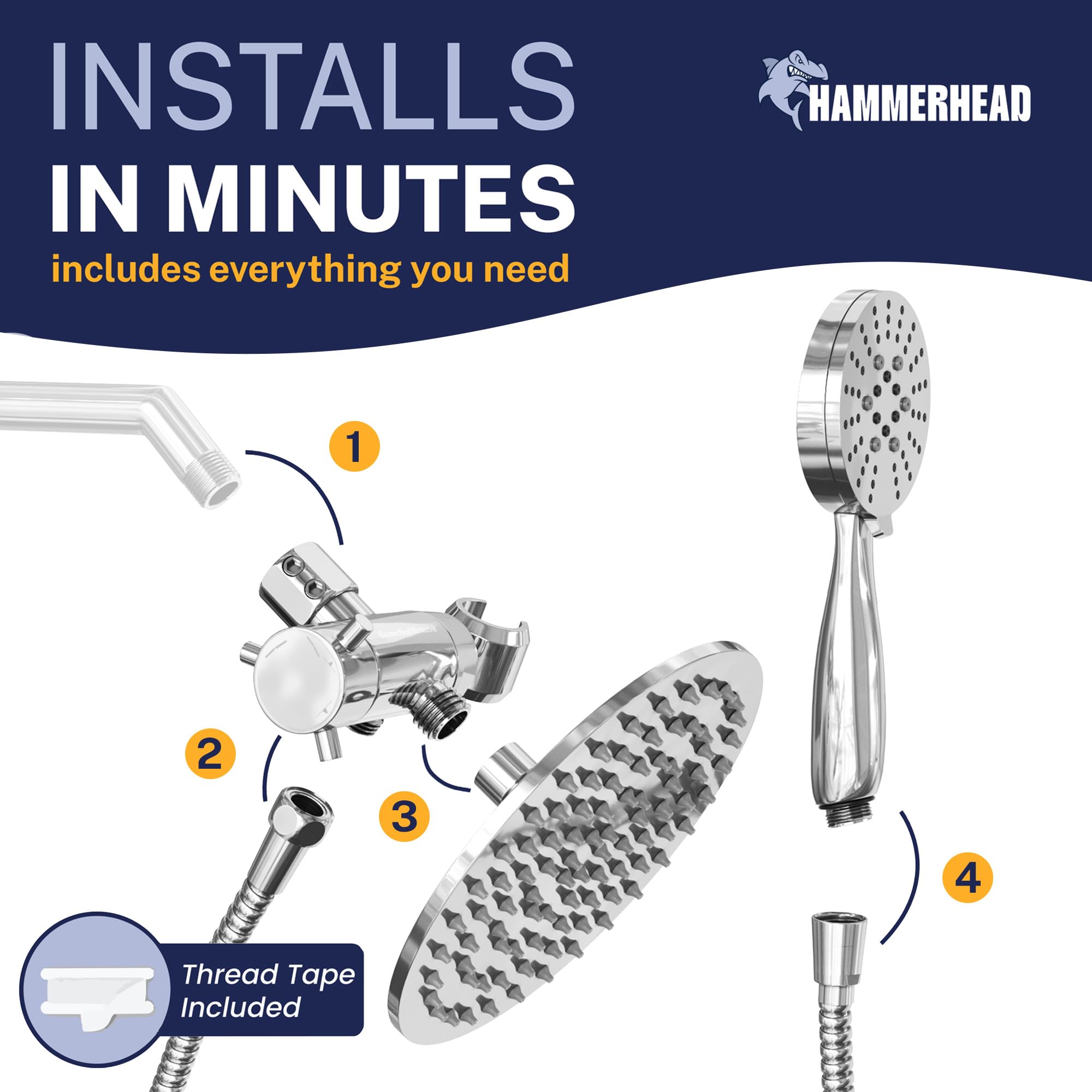 HammerHead Showers® ALL METAL Dual Shower Head Combo – CHROME – 8 Inch Rainfall High Flow Shower Head & 3-Flow Handheld Shower Head High Pressure with Hose 6ft - Luxury Double Shower Heads