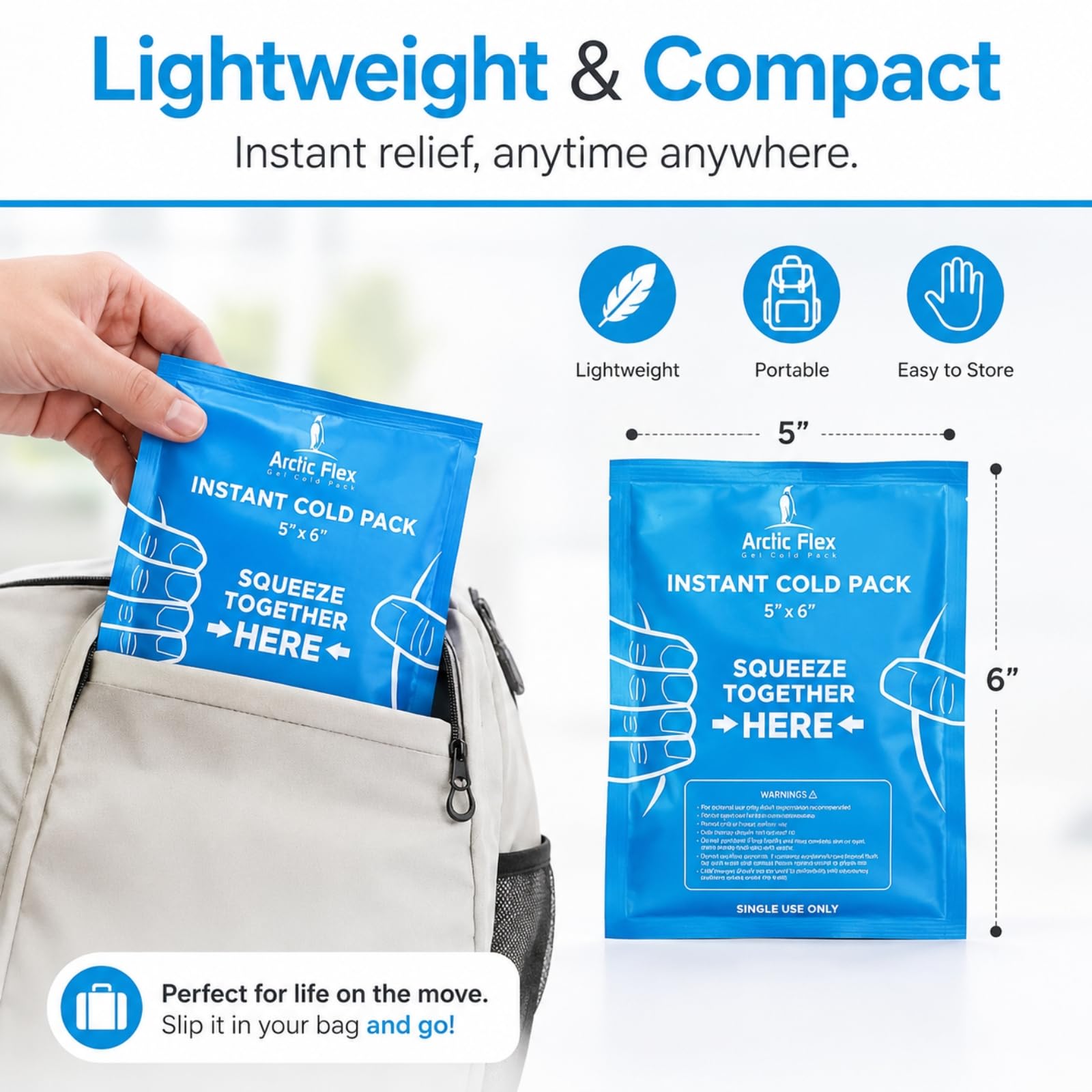 Arctic Flex - Juego de 24 compresas frías instantáneas - Hielo desechable para alivio del dolor, inflamación e hinchazón - Portátil para primeros auxilios y deporte