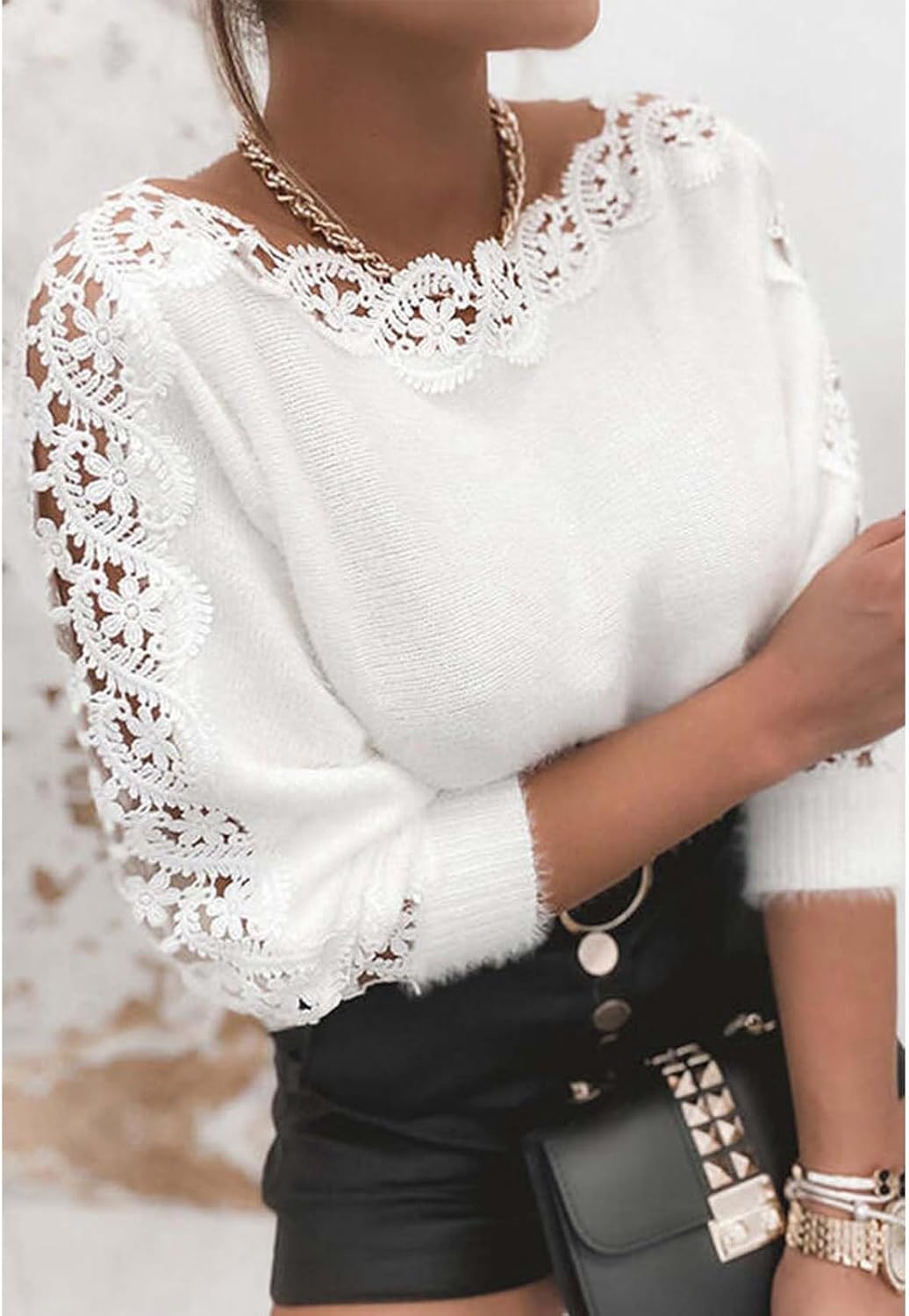 CHICWISH Women Lace Trim Fuzzy Knit Sweater Fall Casual Crewneck Crochet Lace Long Sleeve Soft Pullover Sweaters Tops - Image 2