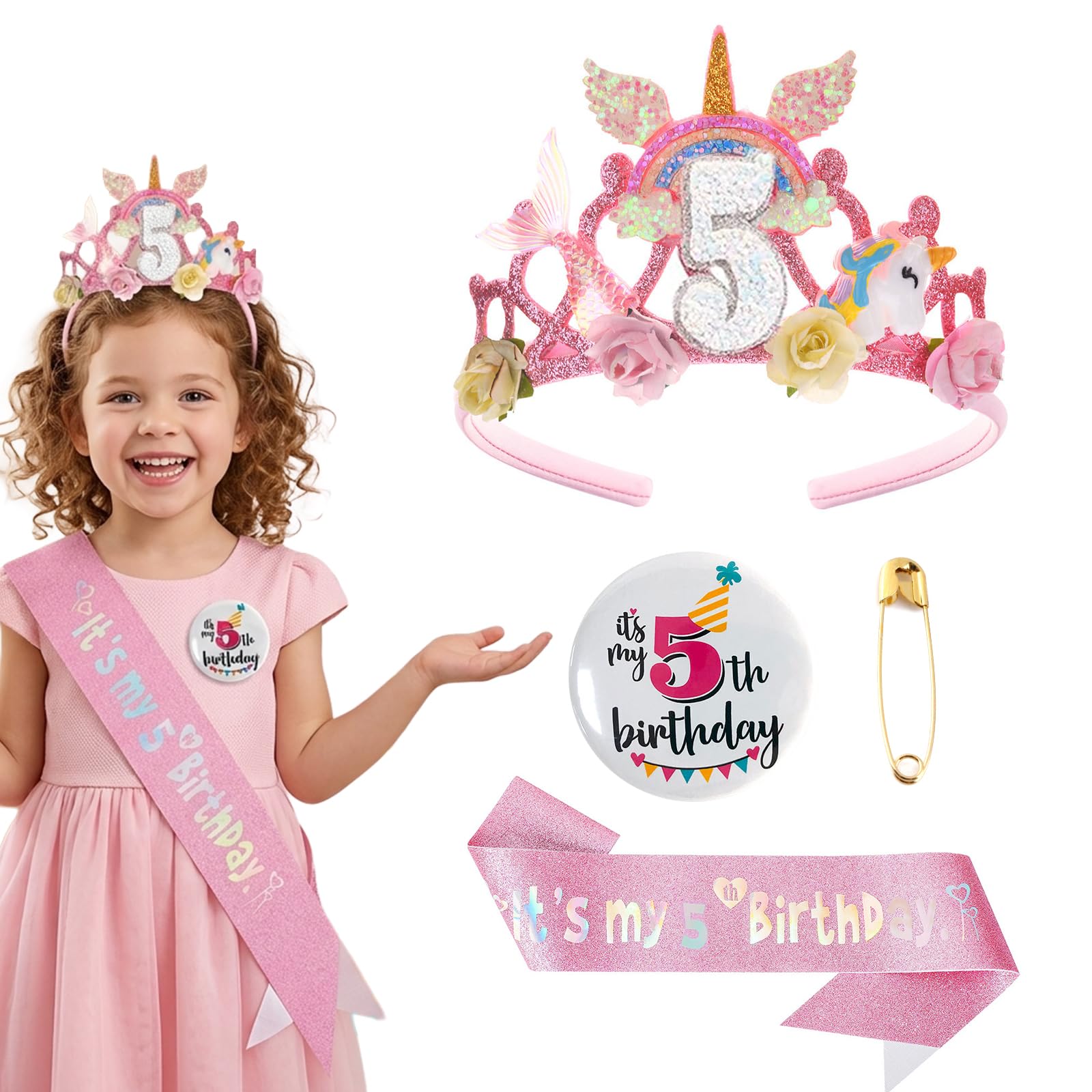 SimingZric Birthday Girl Headband - Flower Princess Crown Headband with Glitter Sash & Badge, Elegant Birthday Party Decorative Set, Birthday Girl Sash & Birthday Sash With Adjustable Pins