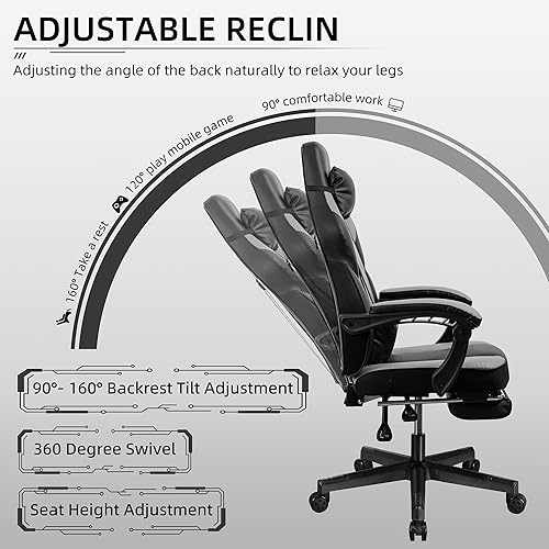 Miniatura 7 de Shintenchi Silla para videojuegos, silla de videojuegos con reposapiés y soporte lumbar de masaje, silla de juego de altura ajustable con asiento