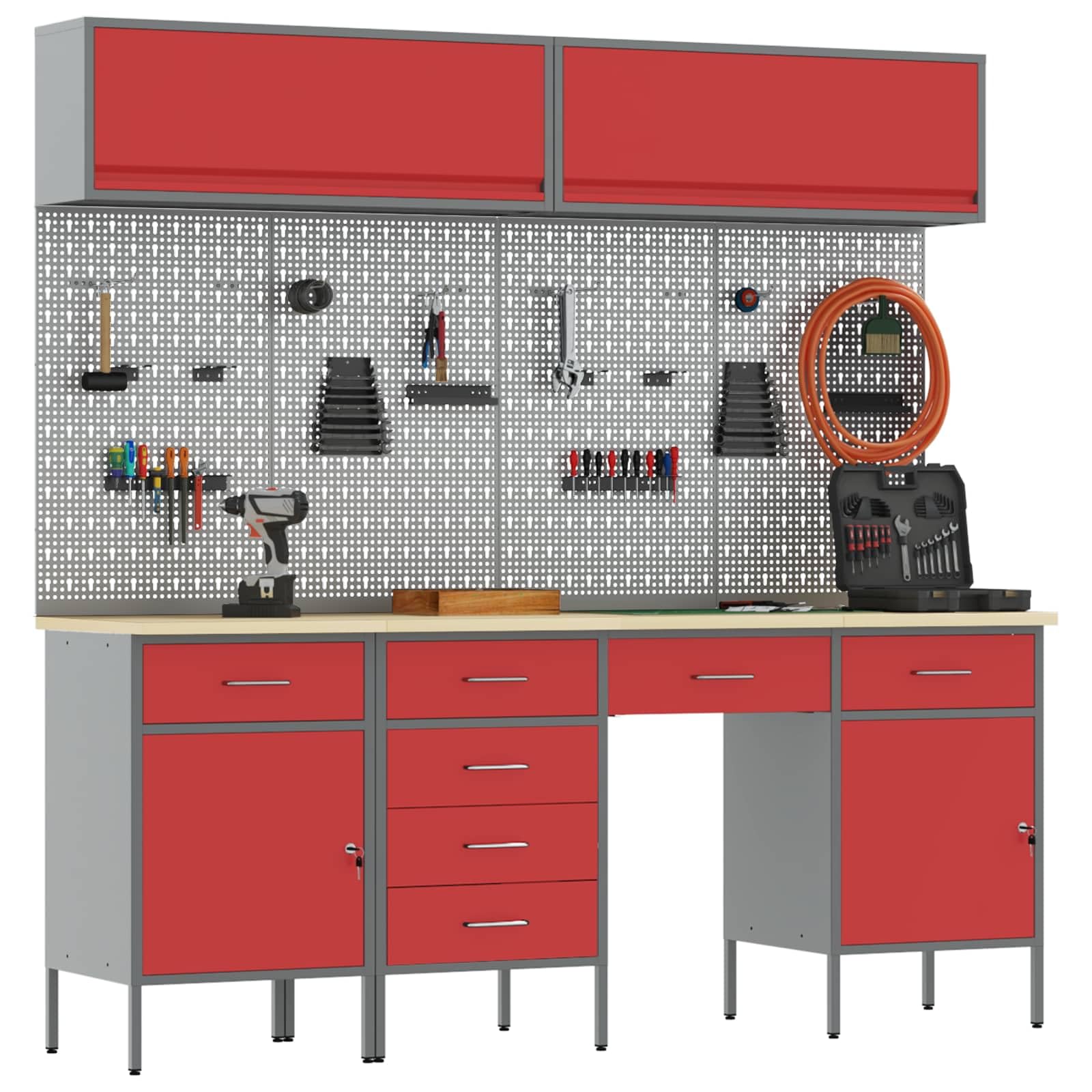 Genérico Banco de Trabajo con cajón 8 pcs Rojo 150 x 55 x 200 cm Acero,Bricolaje,Accesorios de Bricolaje,Organización y Almacenamiento de Herramientas,Rojo,69.6 kg,3321453