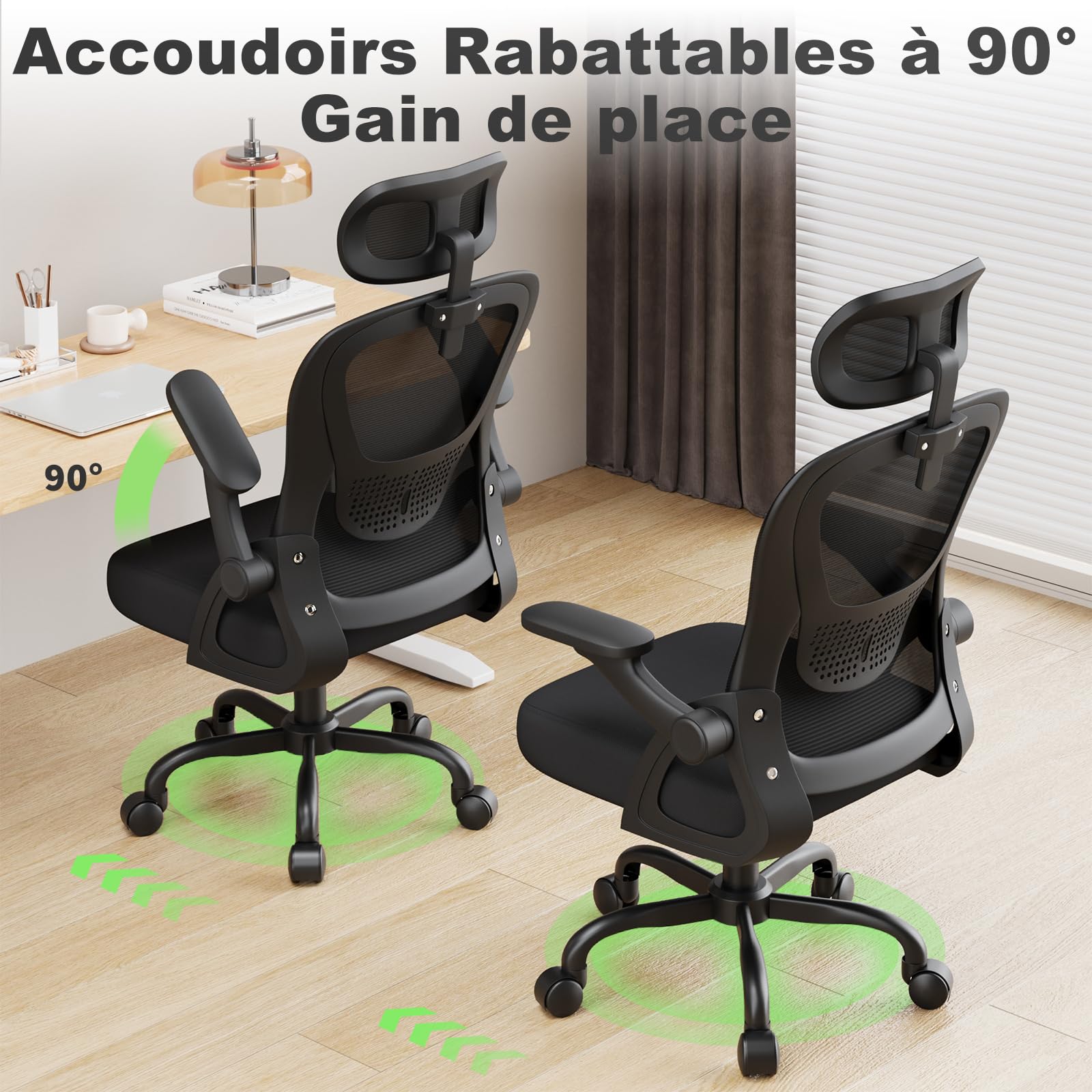 rattantree Sedia da Ufficio, Poltrona Ufficio Ergonomica, Con Braccioli Regolabili e Poggiatesta, Sedia Scrivania Girevole e Regolabile in Altezza, Seduta Ergonomica Traspirante, Per Lavoro, Nera