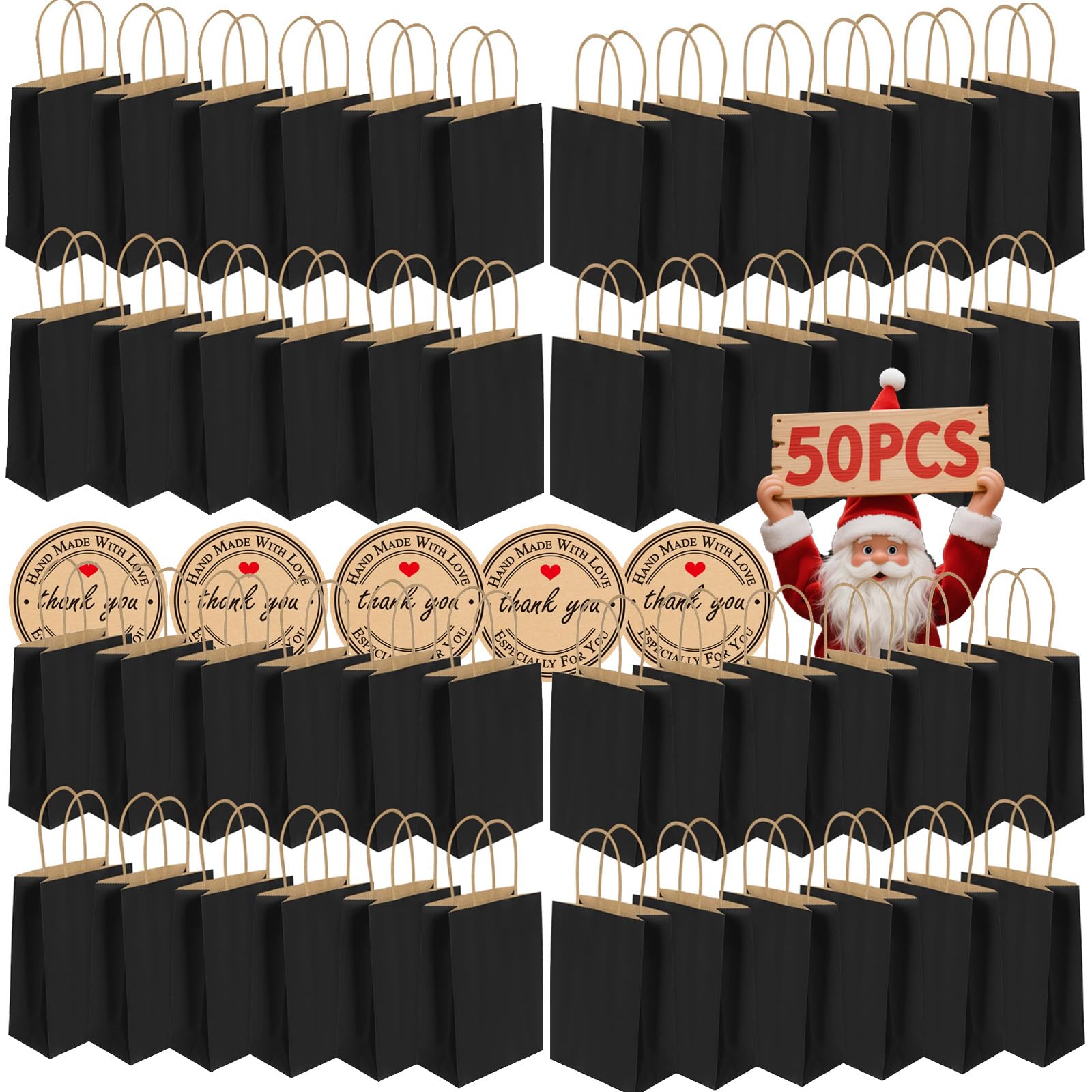 50Pcs Small Paper Bags With Handles, Paper Gift Bags a5 Size, 130GMS Thicken Kraft bags Party Favor Shopping includes lables for Favor Birthday Party Wedding Shopping Retail (B-Black)