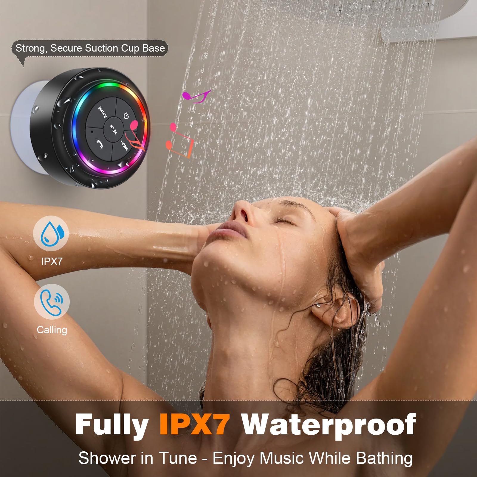 PEDVSTY Altavoz Bluetooth impermeable, altavoz de ducha, IP67 impermeable, luz LED, flotante, ventosa, altavoces portátiles para viajes, piscina, playa, kayak, grandes regalos