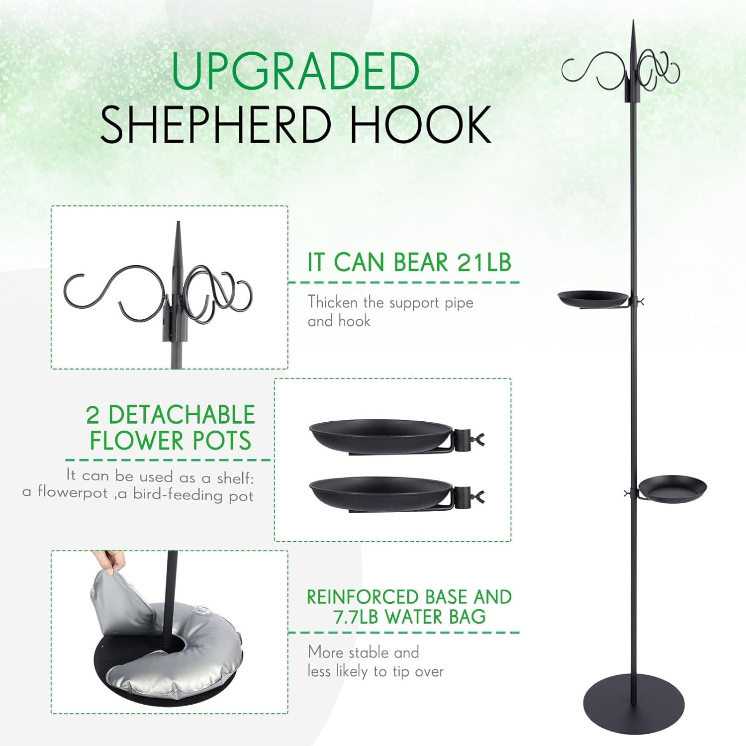 1 Set Upgraded 75.9" Shepherds Hook for Bird Feeder, Hanging Plant Wind Chime Stand, Metal Adjustable Standing Pole Holder for Indoor Outdoor, with 2 Rack & Weight Bag (3 Hooks)