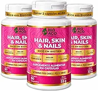 Kit 3un Cabelo, Pele e Unhas Bio Aço Suplementos, Rico em Biotina, Vitaminas A, C, E, B1, B2, B3, B5, B6, B9, B12, Mix de Minerais com Zinco, Selênio, Cromo e Cálcio, 60 Cápsulas cada