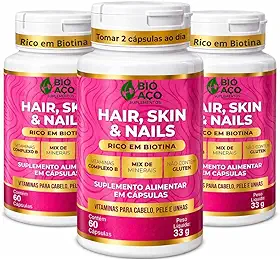 Kit 3un Cabelo, Pele e Unhas Bio Aço Suplementos, Rico em Biotina, Vitaminas A, C, E, B1, B2, B3, B5, B6, B9, B12, Mix de Minerais com Zinco, Selênio, Cromo e Cálcio, 60 Cápsulas cada