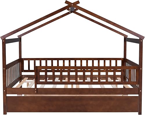 Miniatura 95 de Merax Cama de madera de tamaño matrimonial con nido, marco de cama de madera con techo para niños, adolescentes, niños o niñas, color blanco