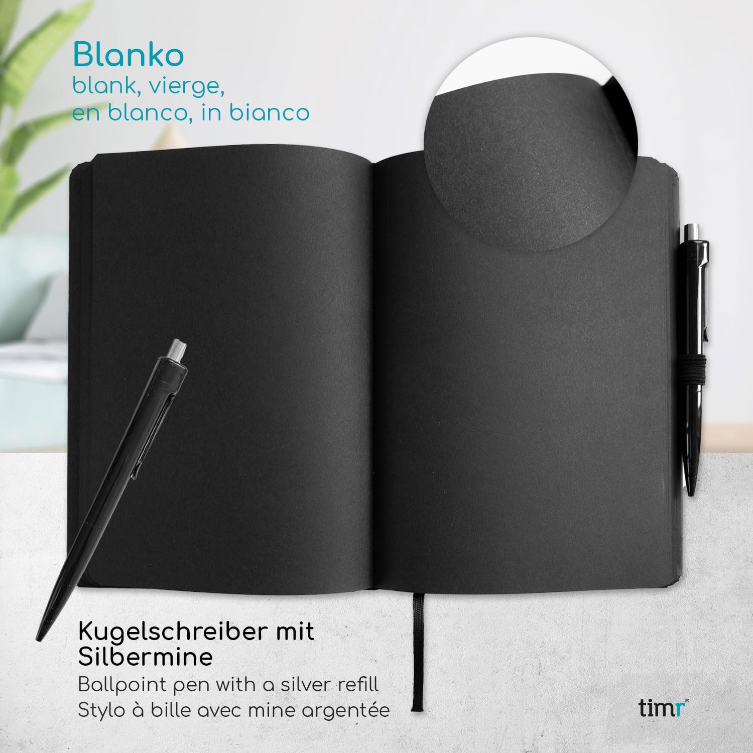 Timr Notizbuch A5 mit schwarzen Seiten 90 g/qm - 192 Seiten inkl. Kugelschreiber - hochwertig schreiben zeichnen I tr508
