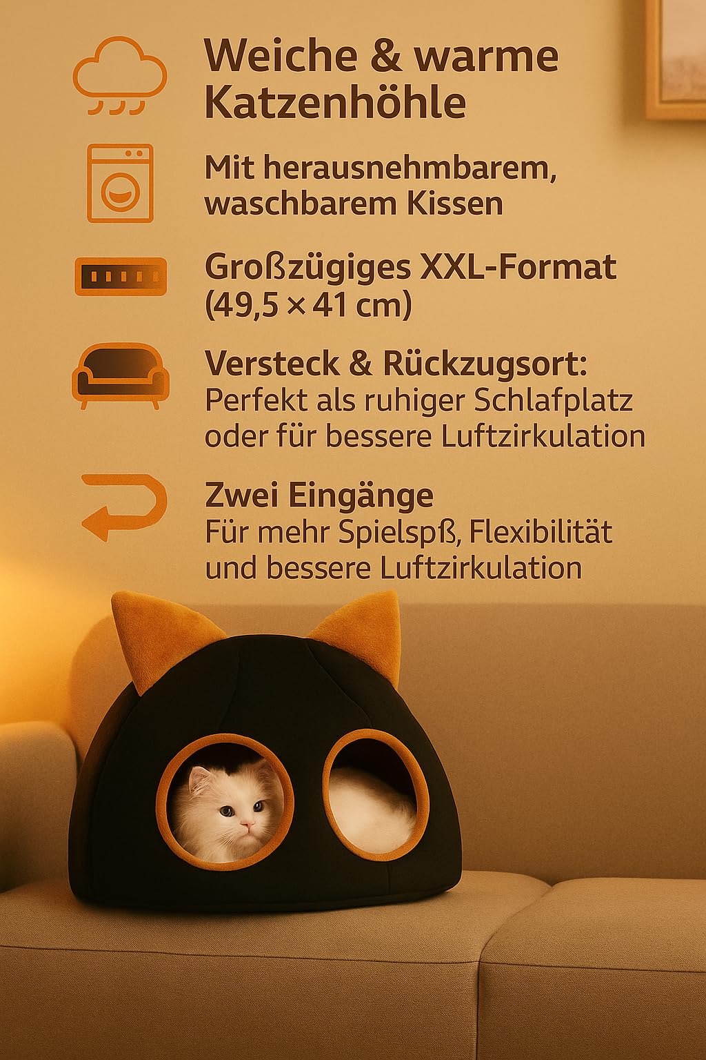 Katzenhöhle XXL 49,5 x 49,5 x 41 cm – Weiches & warmes Katzenhaus mit waschbarem Kissen – Rückzugsort & Katzenzelt – passt in jedes Zuhause