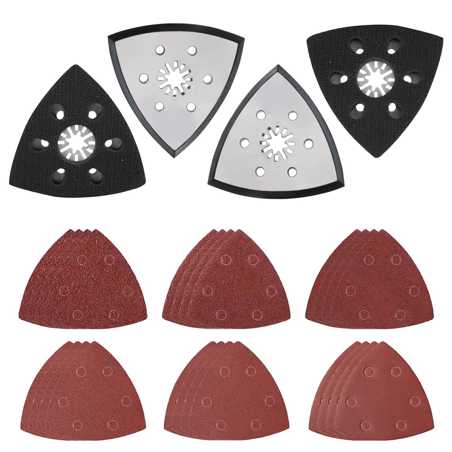 Set di 4 pezzi da 93 mm di Piastra di Levigatura Triangolare, Piastra di Levigatura Fine Multifunzionale con 24 Carte Vetrata Triangolari, per Levigare e Lucidare
