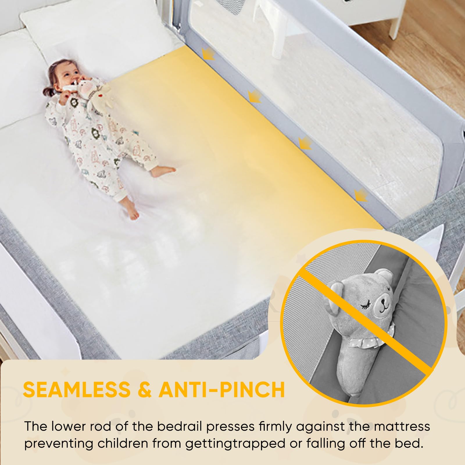 Sponde Letto Bambini，150 cm Barriera Letto Bambini，Sponda di Sicurezza per Bambini con Doppio Blocco di Sicurezza per Bambini, Altezza Regolabile，protezione da caduta，1PCS(Grigio)