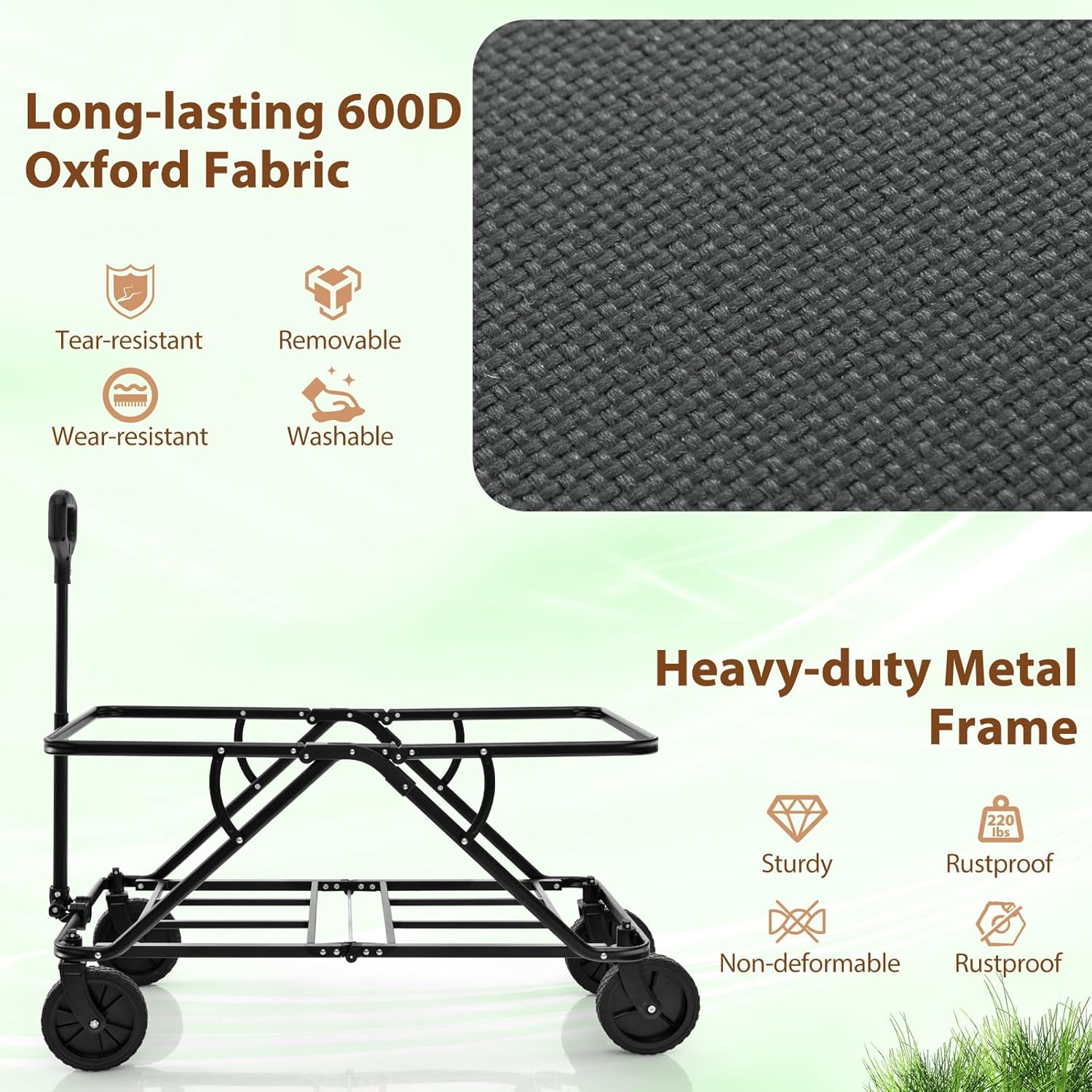 Goplus Collapsible Wagon, Foldable Garden Cart w/Adjustable Handle, Bottle Holders & Storage Pocket, Removable Fabric, 45Gal/170L Large Capacity Folding Beach Wagon for Shopping,Camping,Garden,Grocery