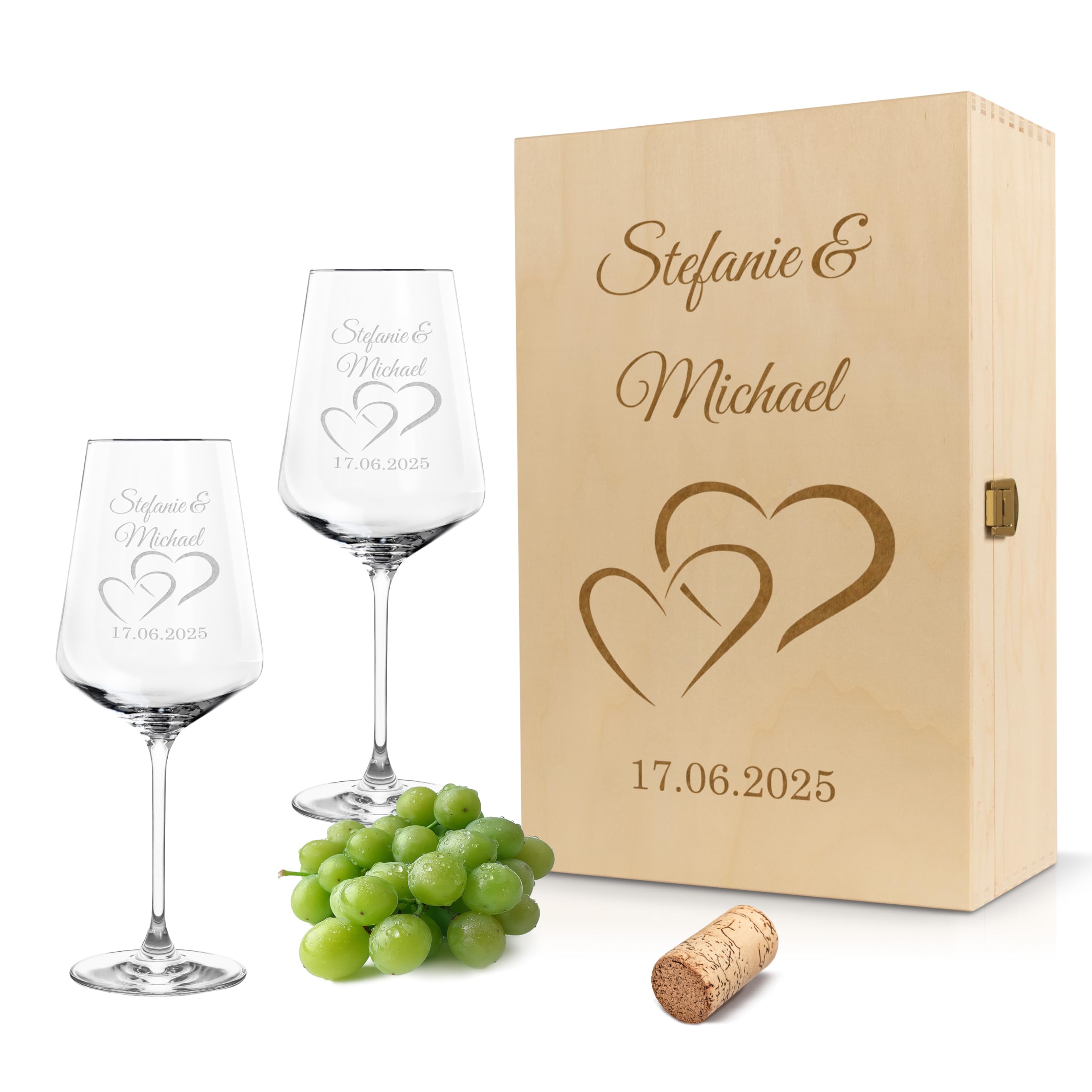Weinglas 2er Set 560 ml „Nur die Liebe zählt“ - Herz-Glas – Leonardo Puccini Glas mit Lasergravur – personalisierte Weingläser mit Namen & Datum in Holzbox – Geschenk für Paare