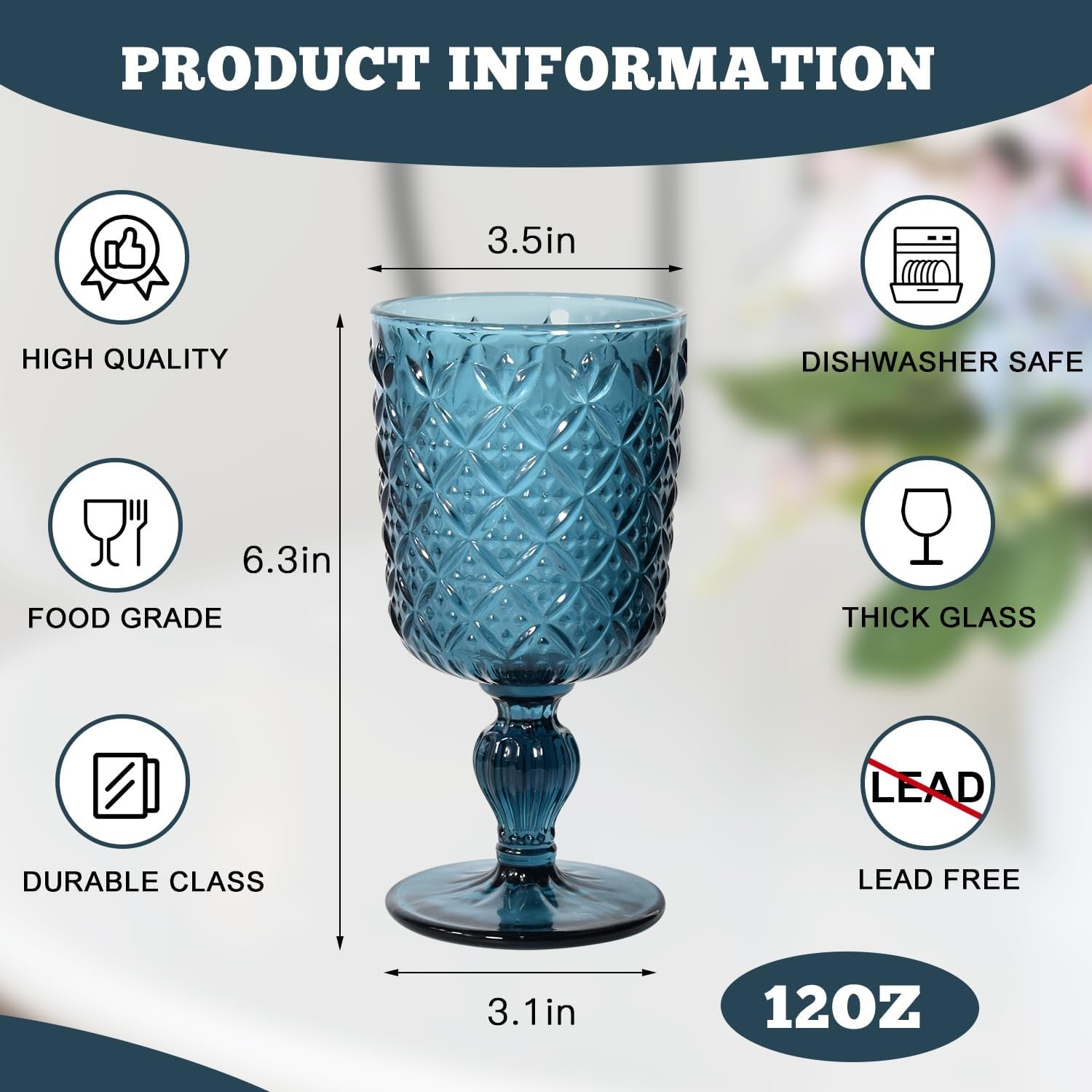Blaue Weingläser im Vintage-Stil, 6 Stück, 340 ml, farbige Glaskelche mit geprägtem Blumenmuster, spülmaschinenfest for die Hochzeit, Party, Bar Getränkebecher